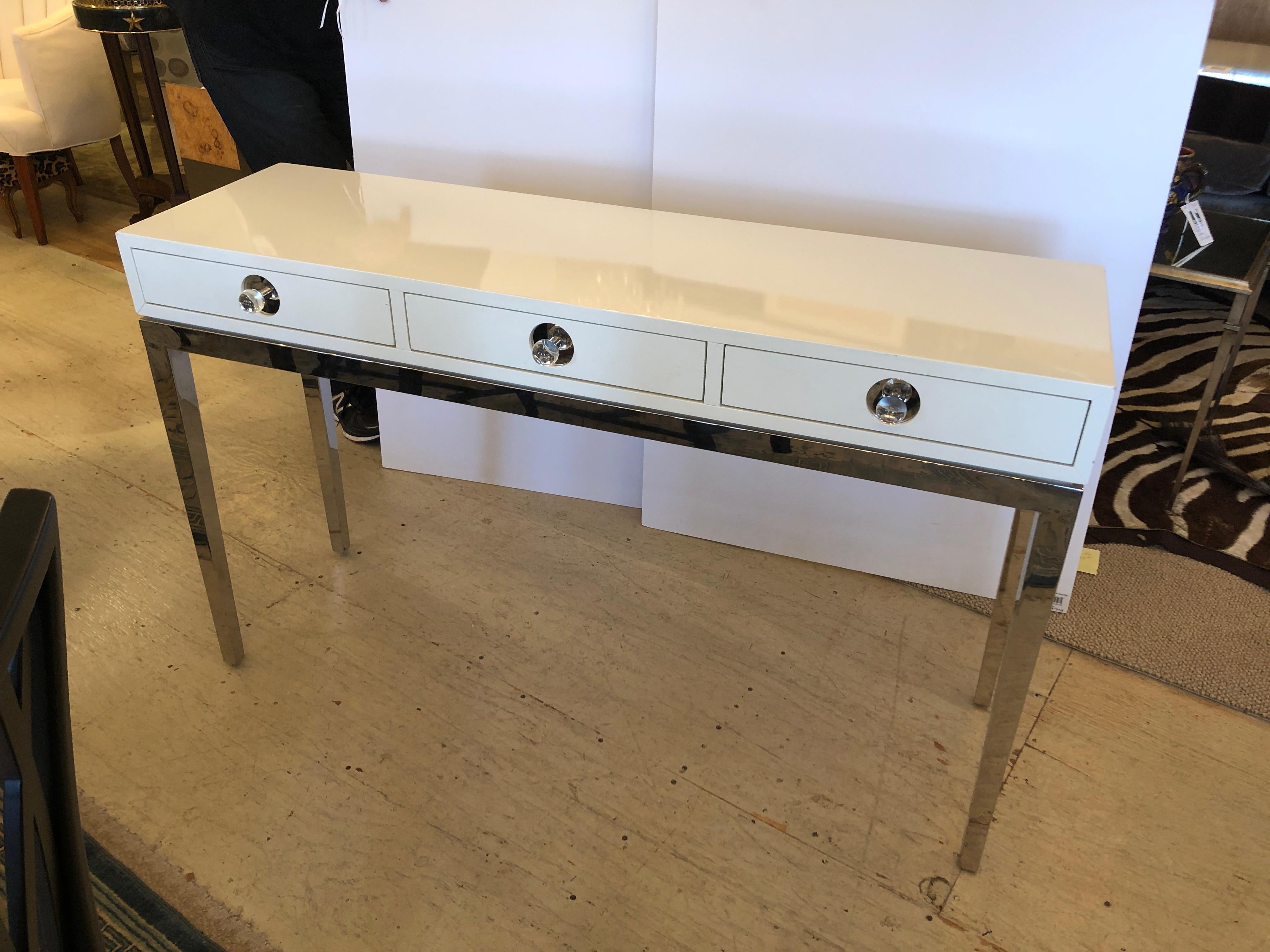 Glitzy Jonathan Adler White Lacquer and Chrome Console with 3 Drawers 3