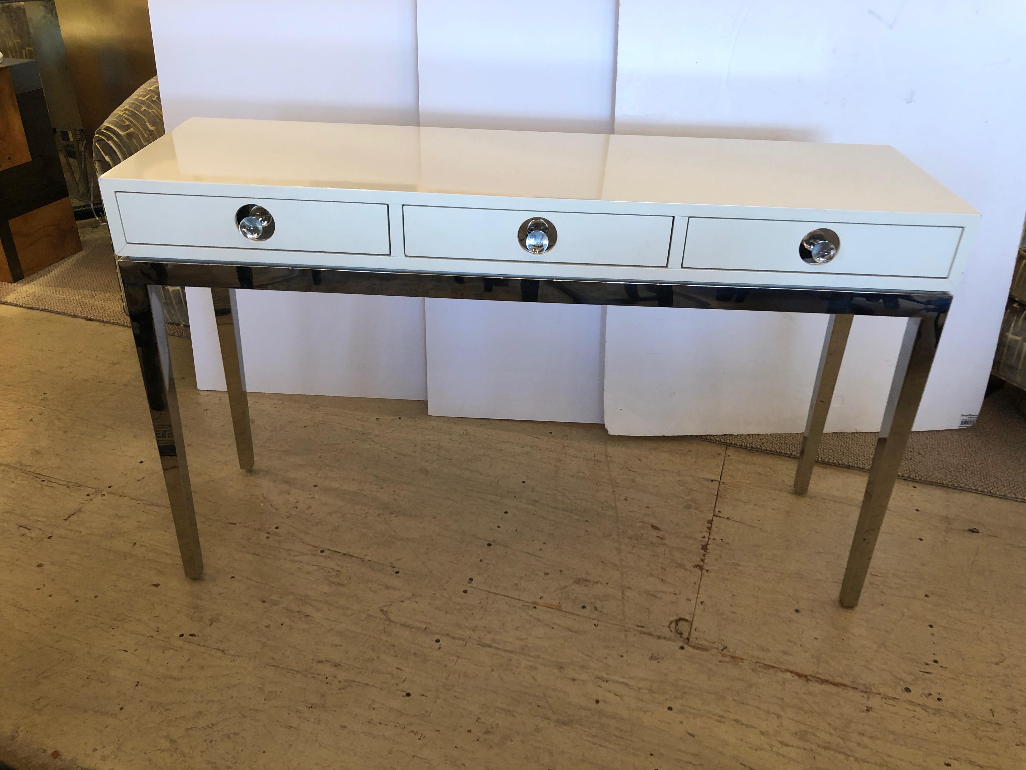 Lacquered Glitzy Jonathan Adler White Lacquer and Chrome Console with 3 Drawers