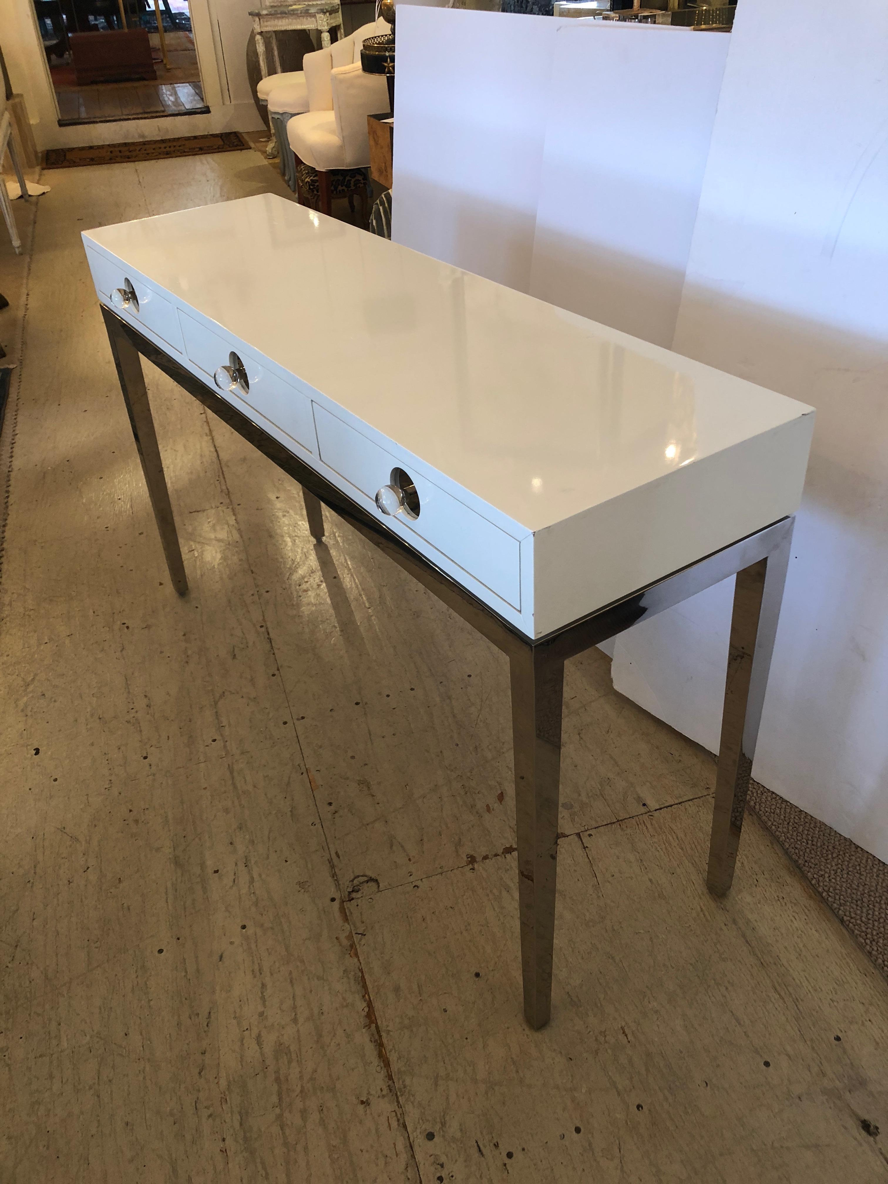 Contemporary Glitzy Jonathan Adler White Lacquer and Chrome Console with 3 Drawers