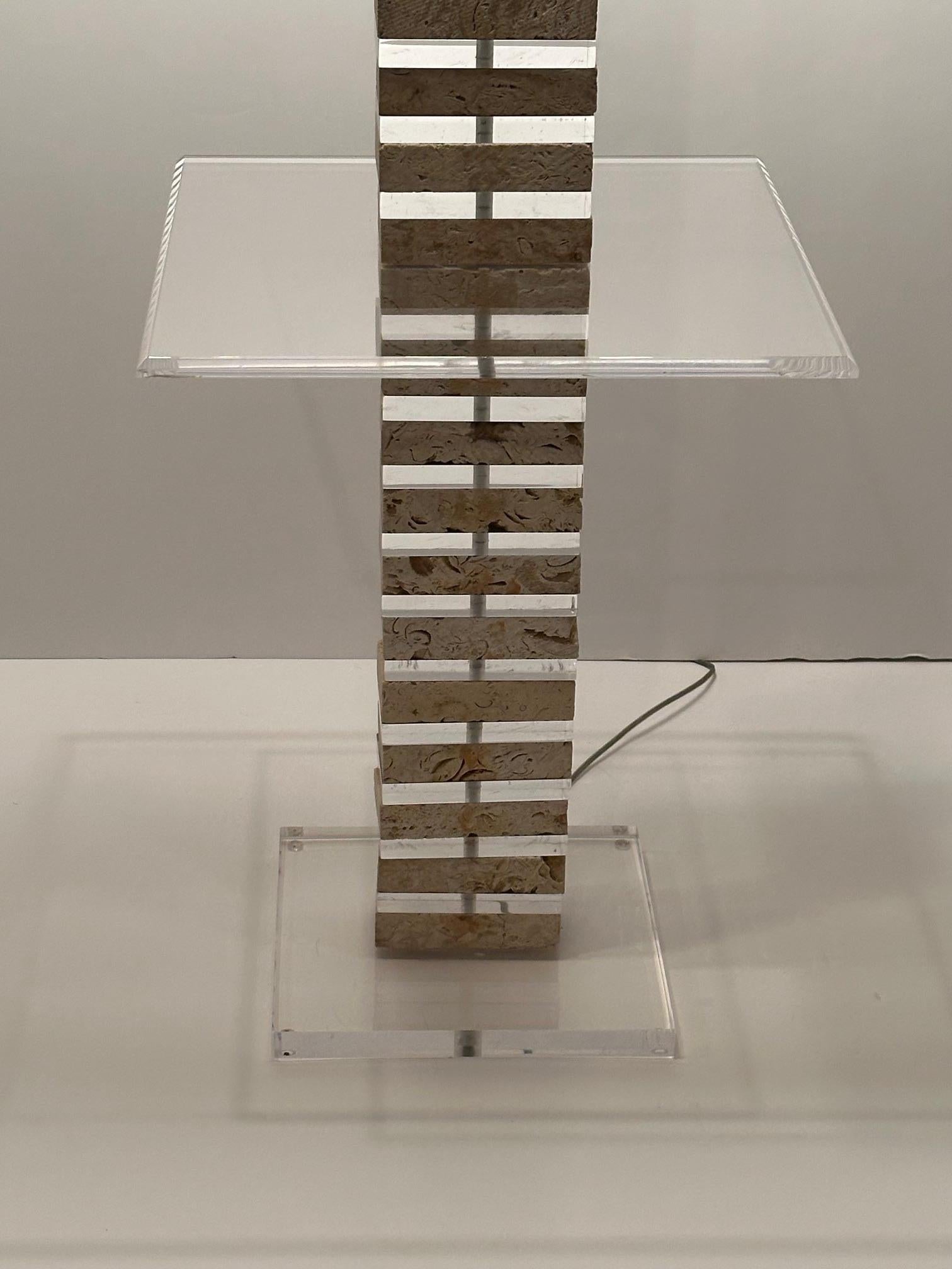 Glitzy Lucite & Travertine Floor Lamp with Table For Sale 4
