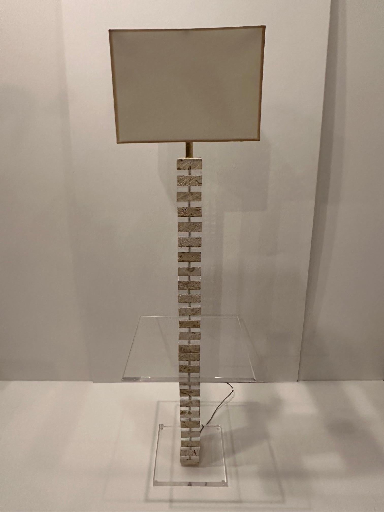 Glitzy Lucite & Travertine Floor Lamp with Table For Sale 6
