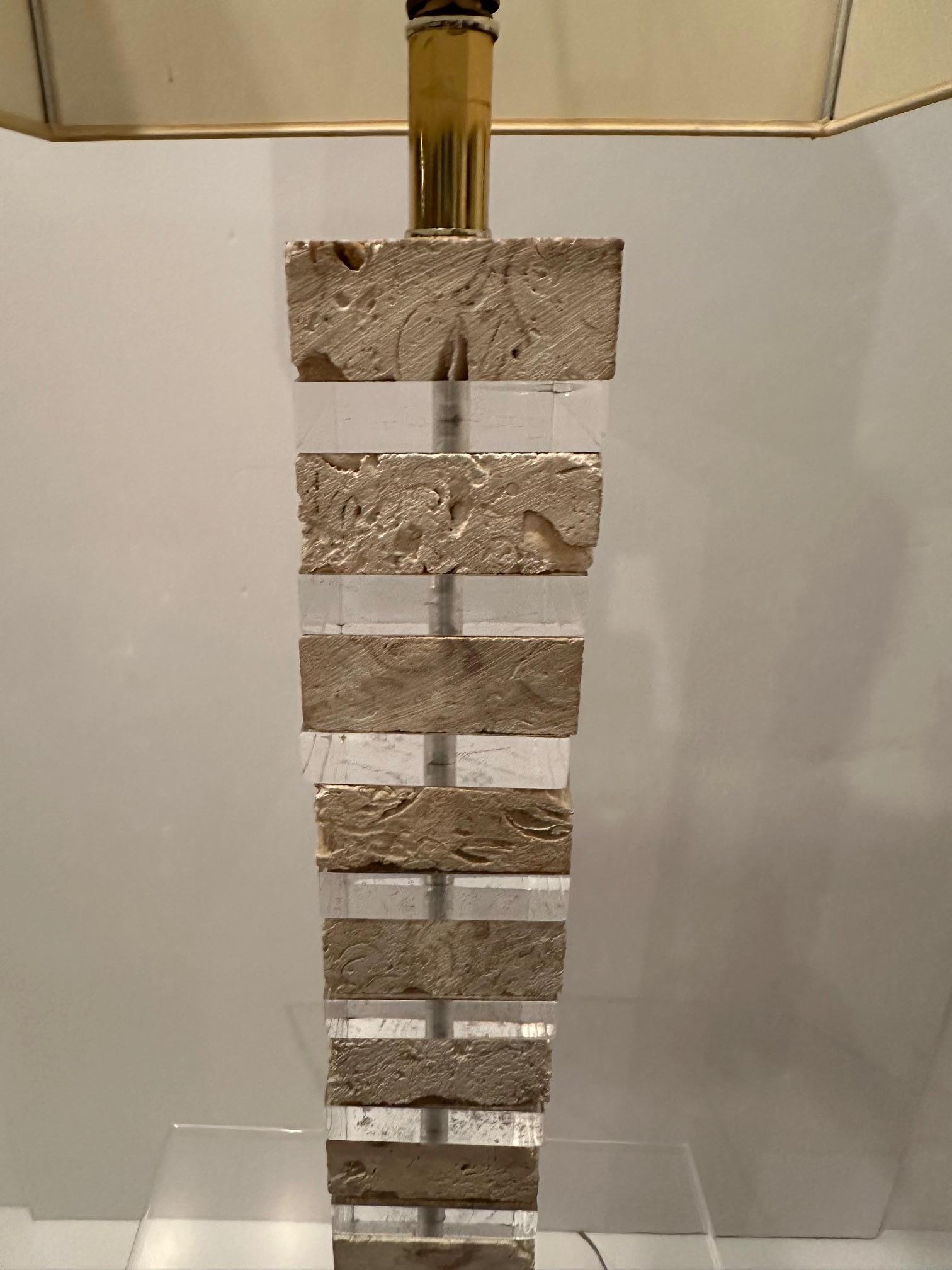 Glitzy Lucite & Travertine Floor Lamp with Table For Sale 7