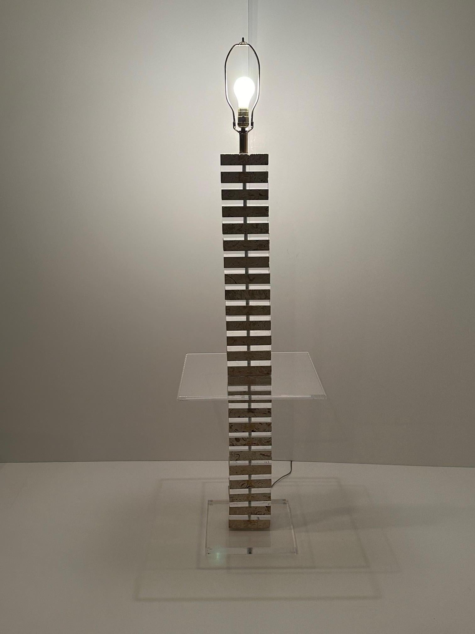 American Glitzy Lucite & Travertine Floor Lamp with Table For Sale