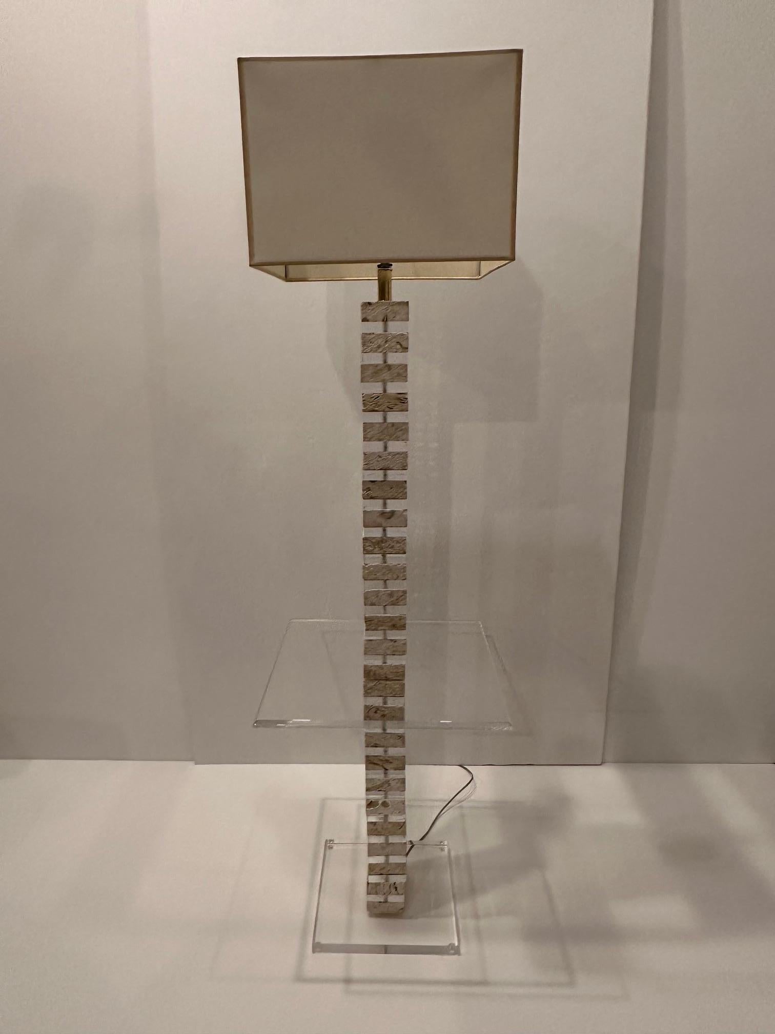 Glitzy Lucite & Travertine Floor Lamp with Table For Sale 2