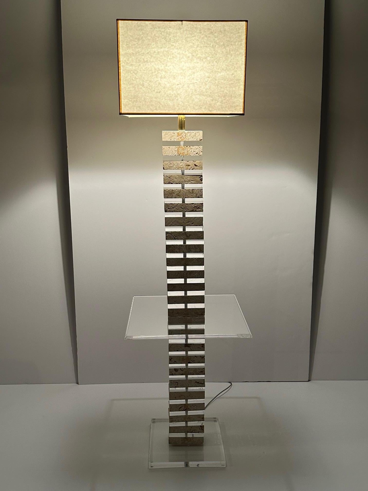 Glitzy Lucite & Travertine Floor Lamp with Table For Sale 3