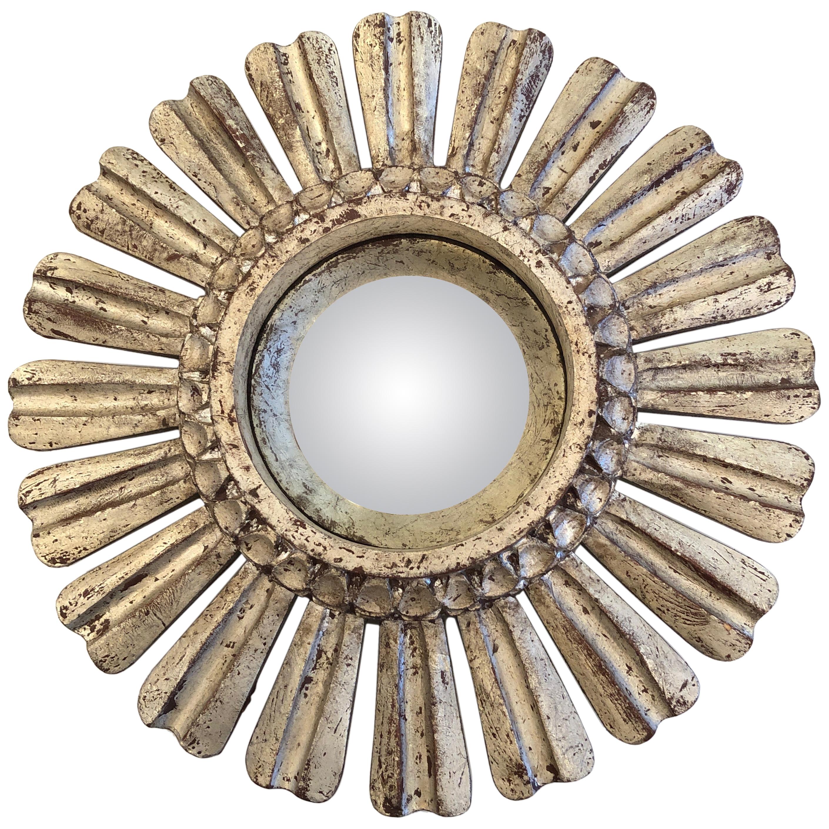 Glitzy Small Silver Carved Giltwood Sunburst Mirror