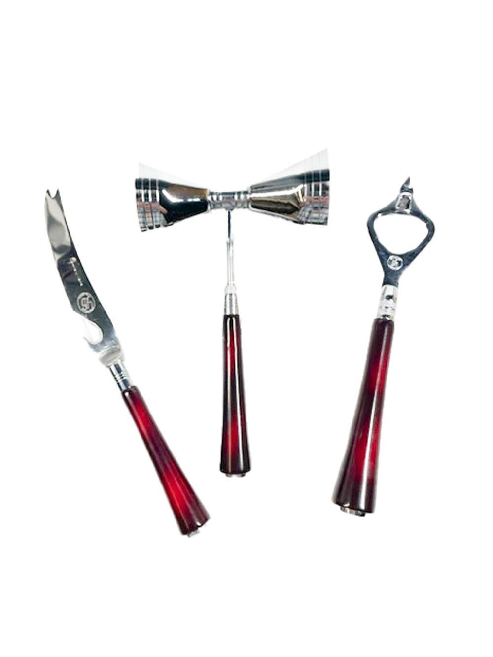Glo-Hill 6 Piece Bar Tool Set with Carousel Stand in Cherry Bakelite and Chrome For Sale 2
