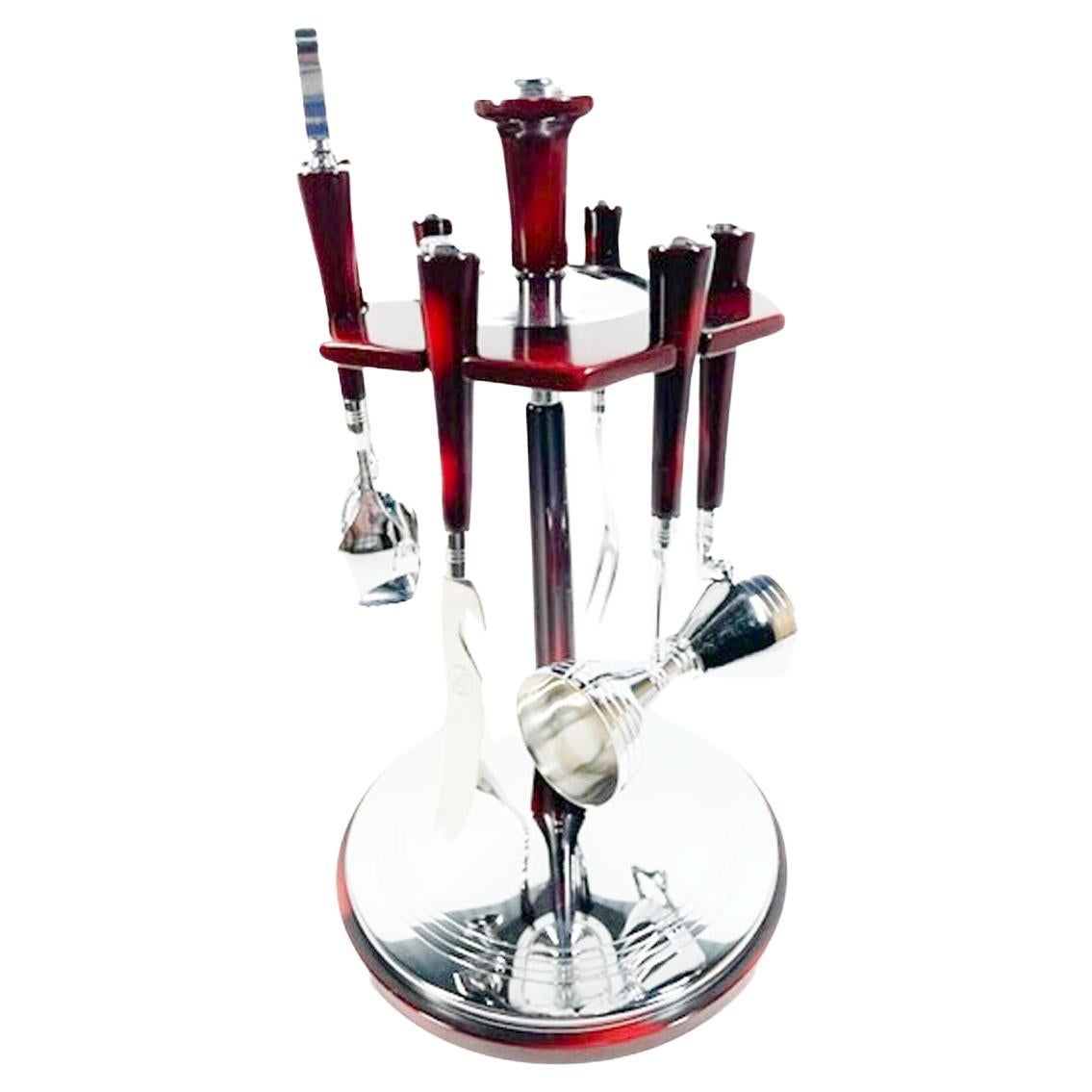 Glo-Hill 6 Piece Bar Tool Set with Carousel Stand in Cherry Bakelite and Chrome For Sale