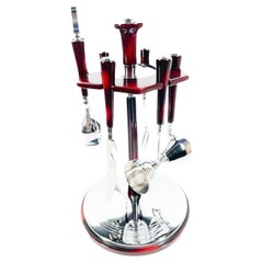 Retro Glo-Hill 6 Piece Bar Tool Set with Carousel Stand in Cherry Bakelite and Chrome