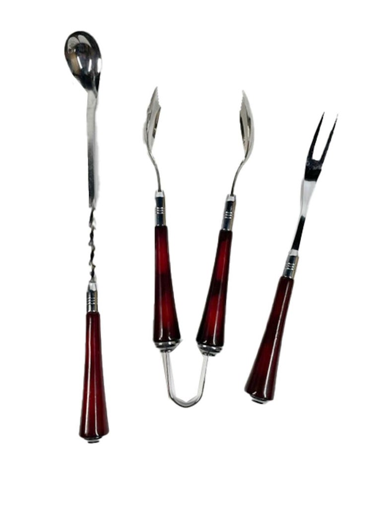 GloHill 6 Piece Bar Tool Set with Revolving Stand in Red Bakelite and