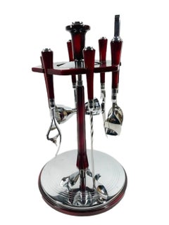 Glo-Hill 6 Piece Bar Tool Set with Revolving Stand in Red Bakelite and Chrome