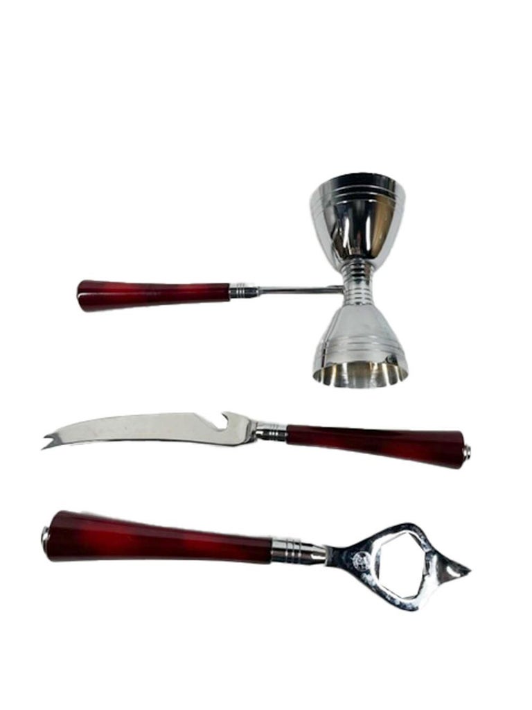 GloHill 6 Piece Bar Tool Set with Revolving Stand in Red Bakelite and