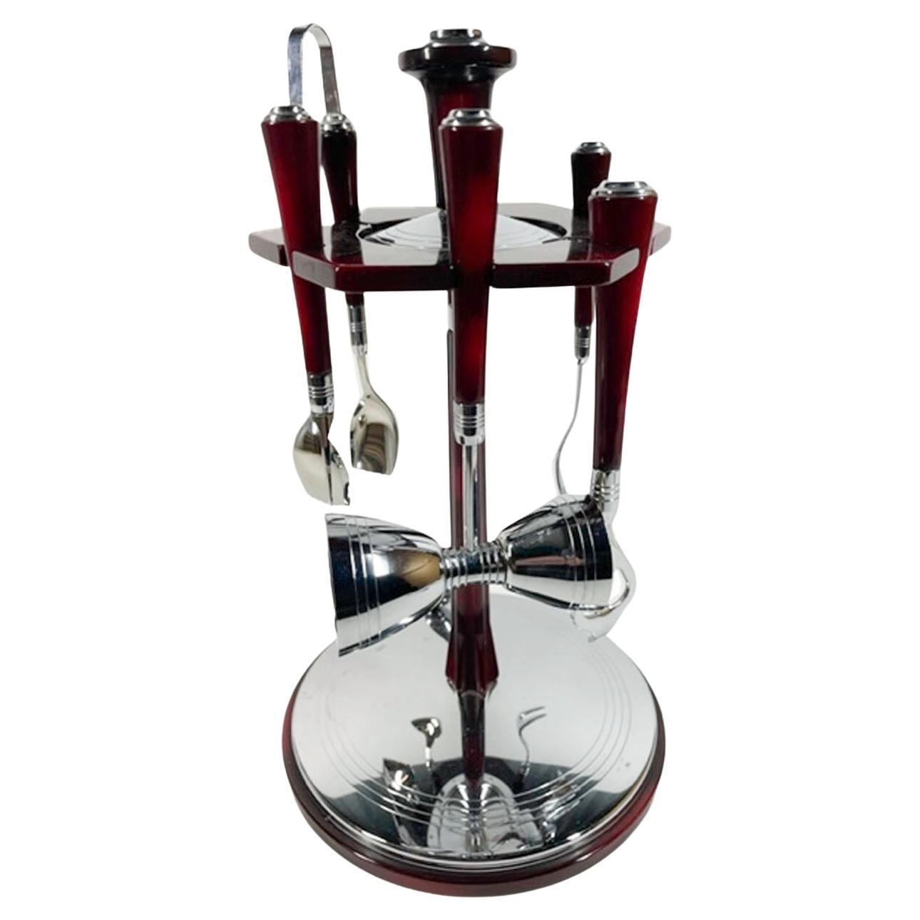 Glo-Hill 6 Piece Bar Tool Set with Revolving Stand in Red Bakelite and Chrome For Sale