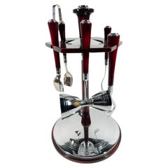 Retro Glo-Hill 6 Piece Bar Tool Set with Revolving Stand in Red Bakelite and Chrome