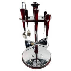 Glo-Hill 6 Piece Bar Tool Set with Revolving Stand in Red Bakelite and Chrome