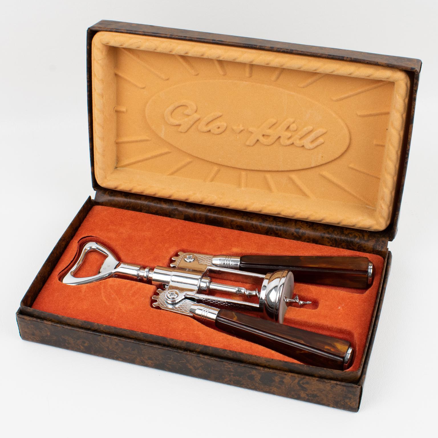 Canadian Glo Hill Bakelite and Chrome Bar Tool, Wine Cork Screw Bottle Opener in Box