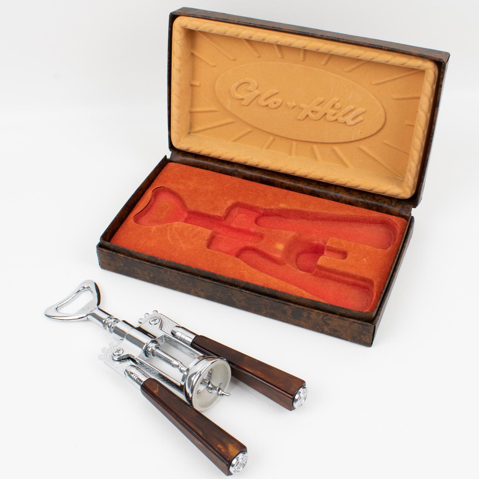 Mid-20th Century Glo Hill Bakelite and Chrome Bar Tool, Wine Cork Screw Bottle Opener in Box