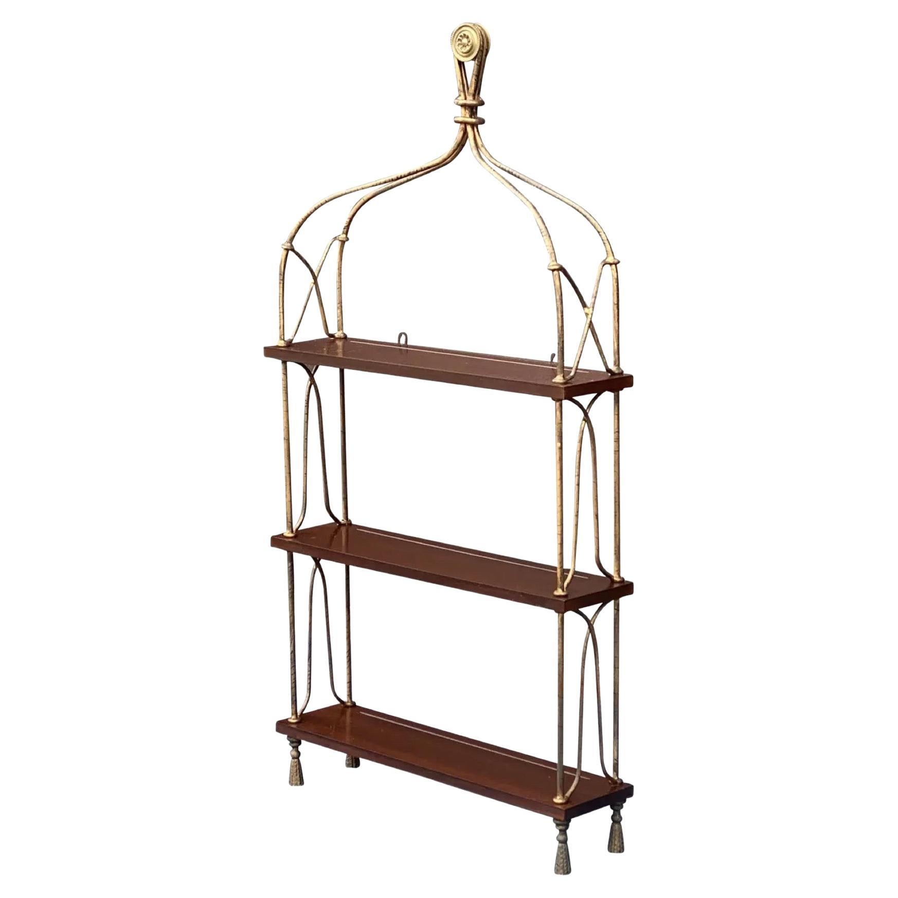 Global Views Gilted Wrought Iron Tassel Foot Wall Mounted Etagere For Sale