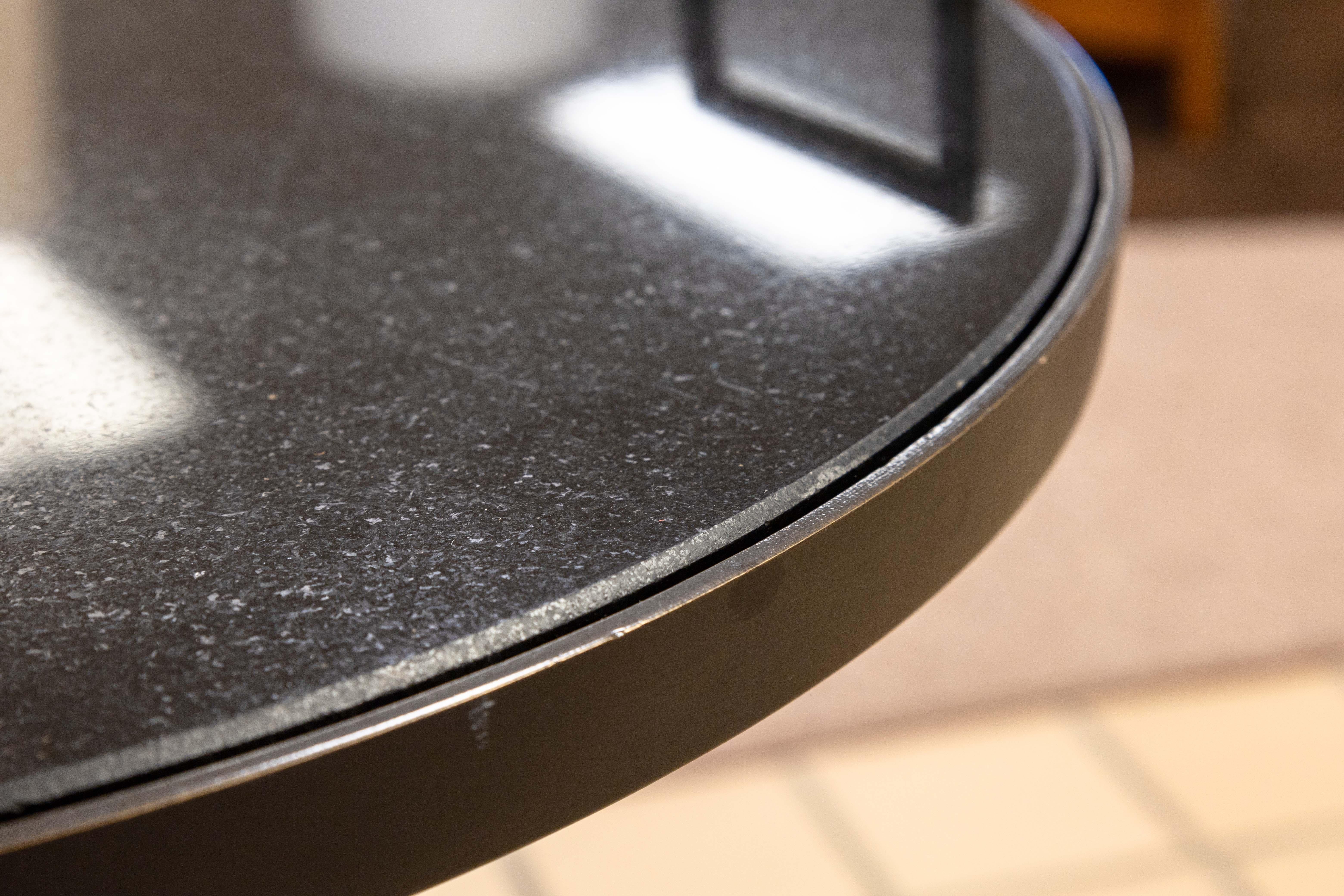 Global Views Metal Black Stone Top Accent Side Table with Casters and Handles In Good Condition In Keego Harbor, MI
