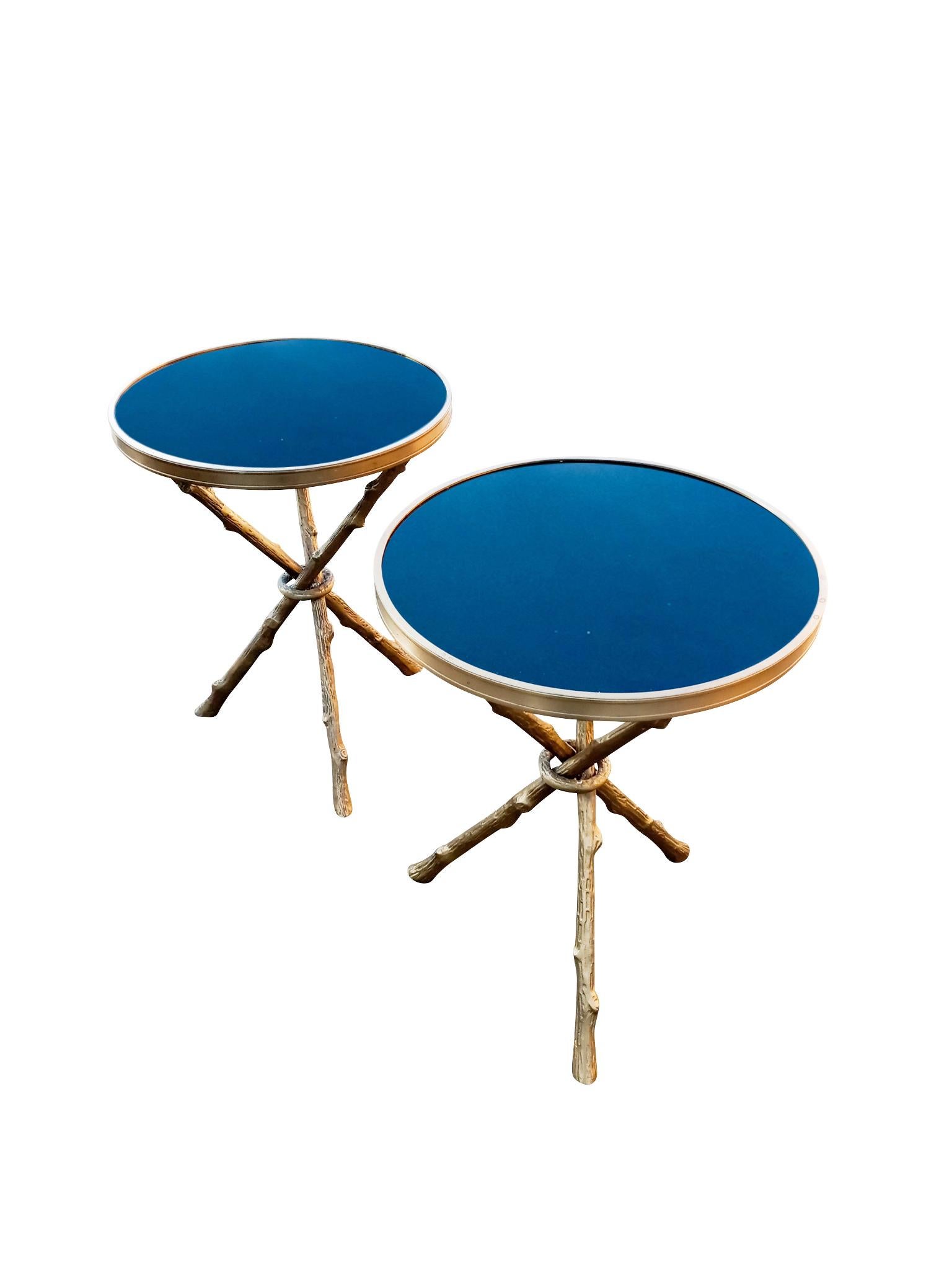 Global Views Pair of Twig or Faux Bois Tables Brass and Black Granite ...