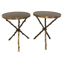 Global Views Pair of Twig or Faux Bois Tables Brass and Black Granite Tops