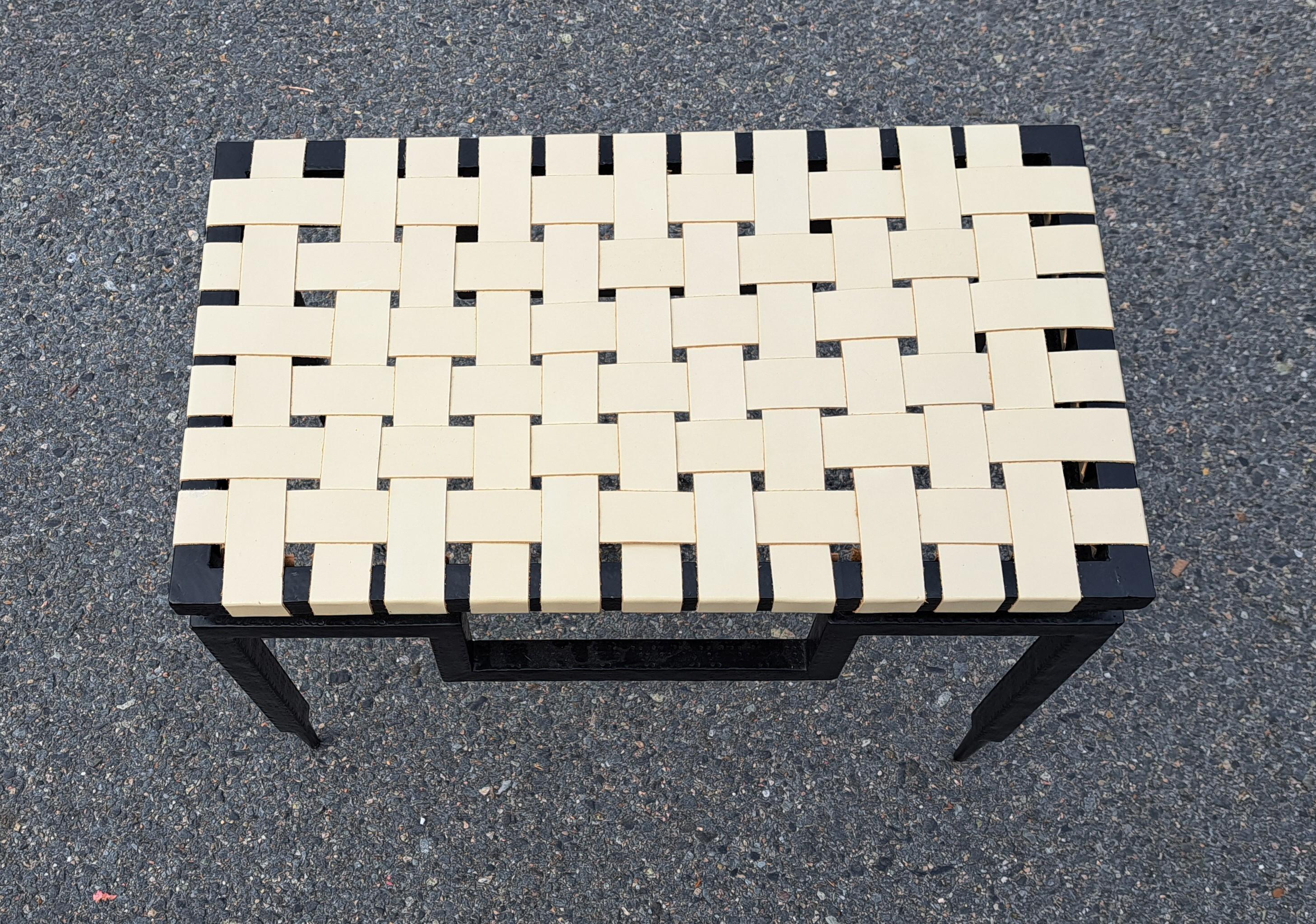 Brutalist Global Views Wrought Iron and Leather Mesh Bench For Sale