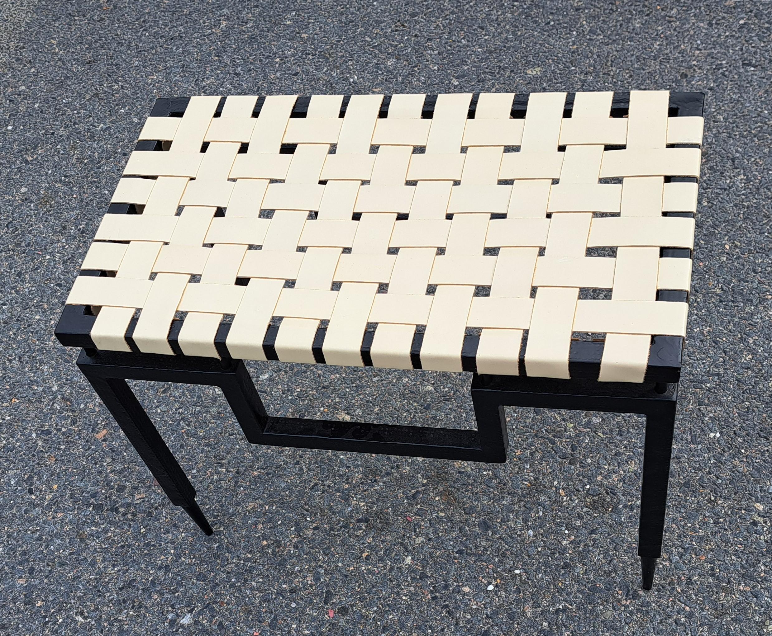 American Global Views Wrought Iron and Leather Mesh Bench For Sale