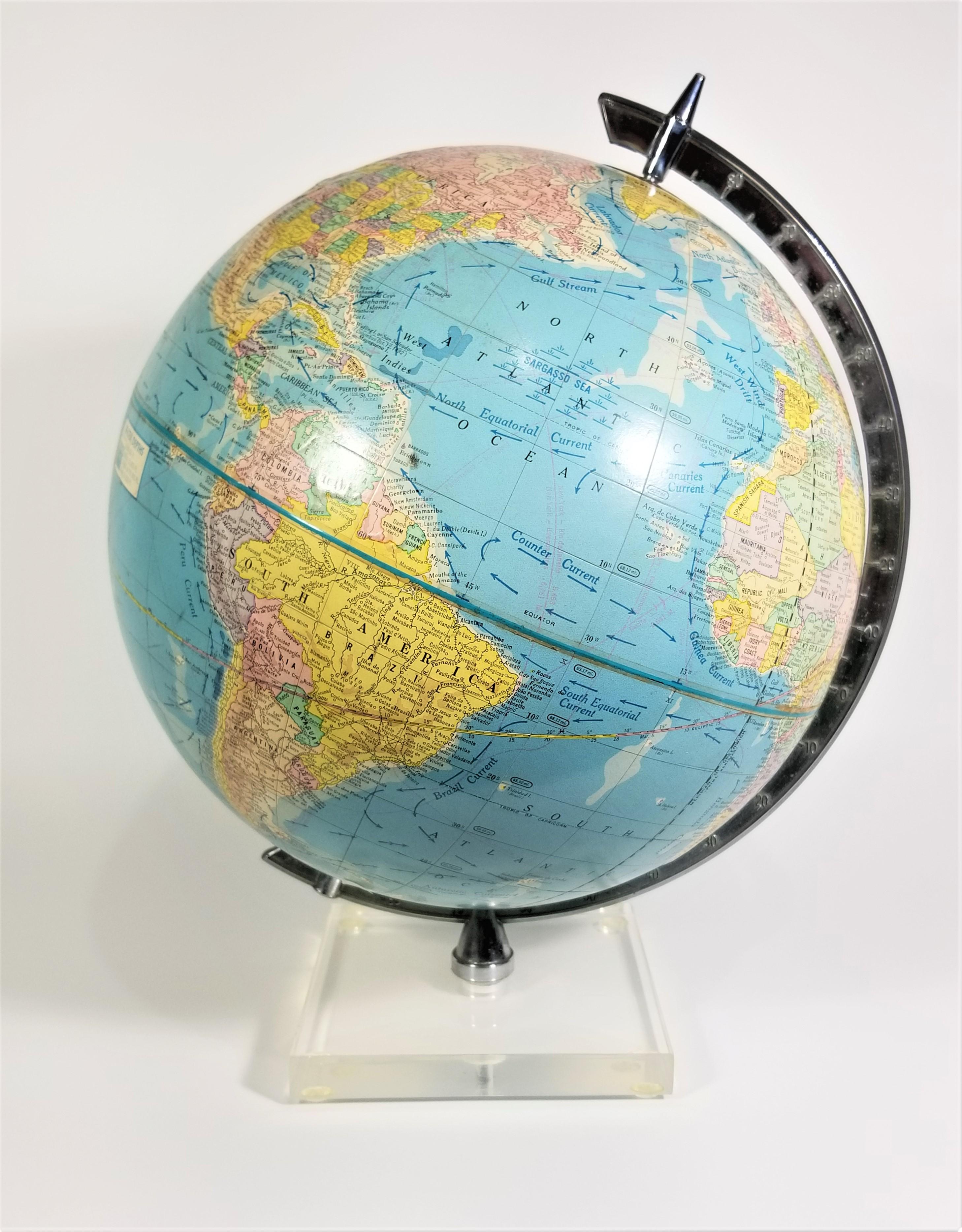 1960's Cram's scope-o-sphere 12 inch world globe with lucite and chrome.