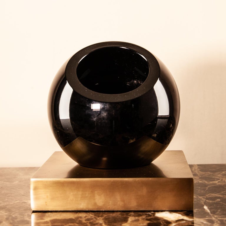 Globe Black Crystal Vase with Brass Stand For Sale at 1stDibs