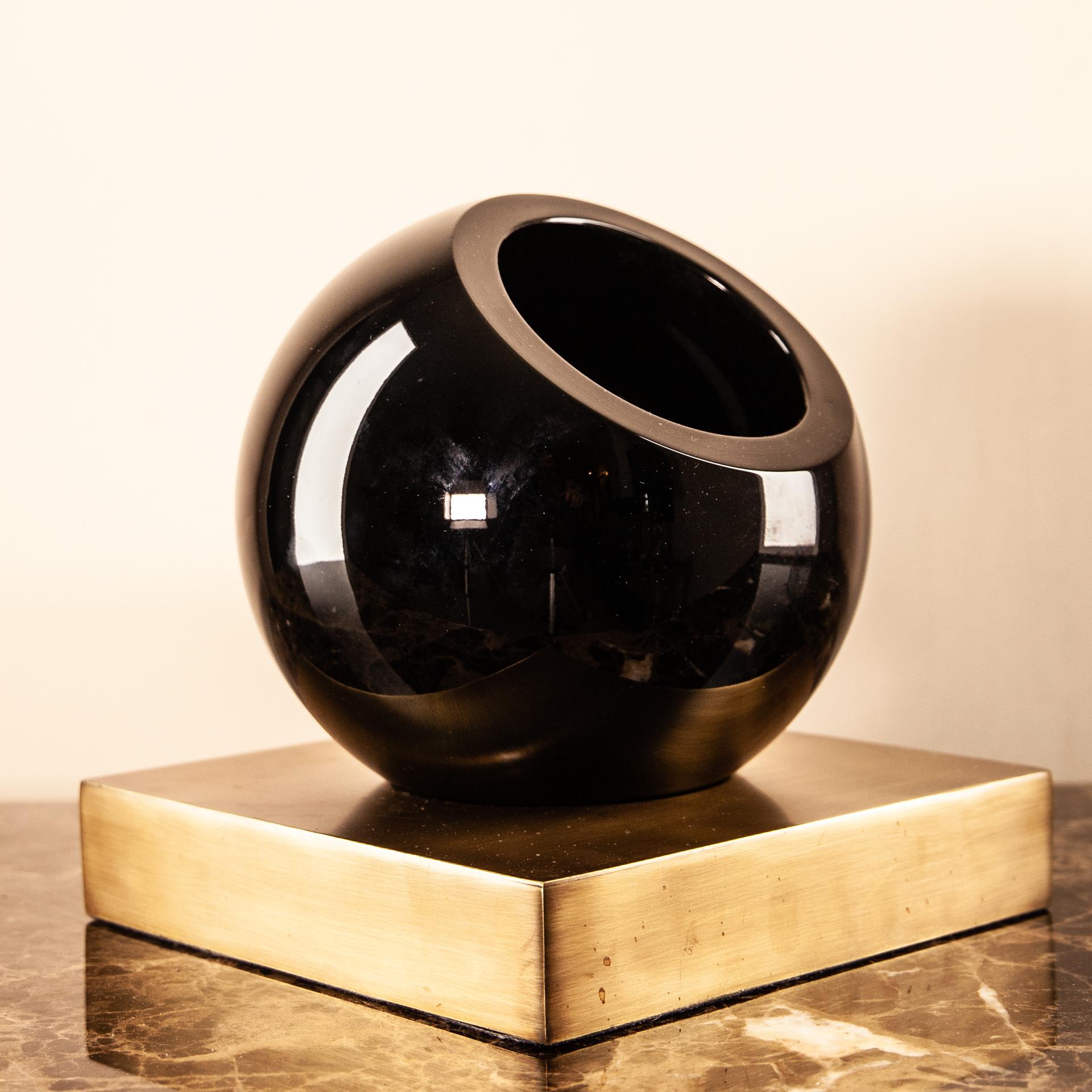 Mid-Century Modern Globe Black Crystal Vase with Brass Stand For Sale