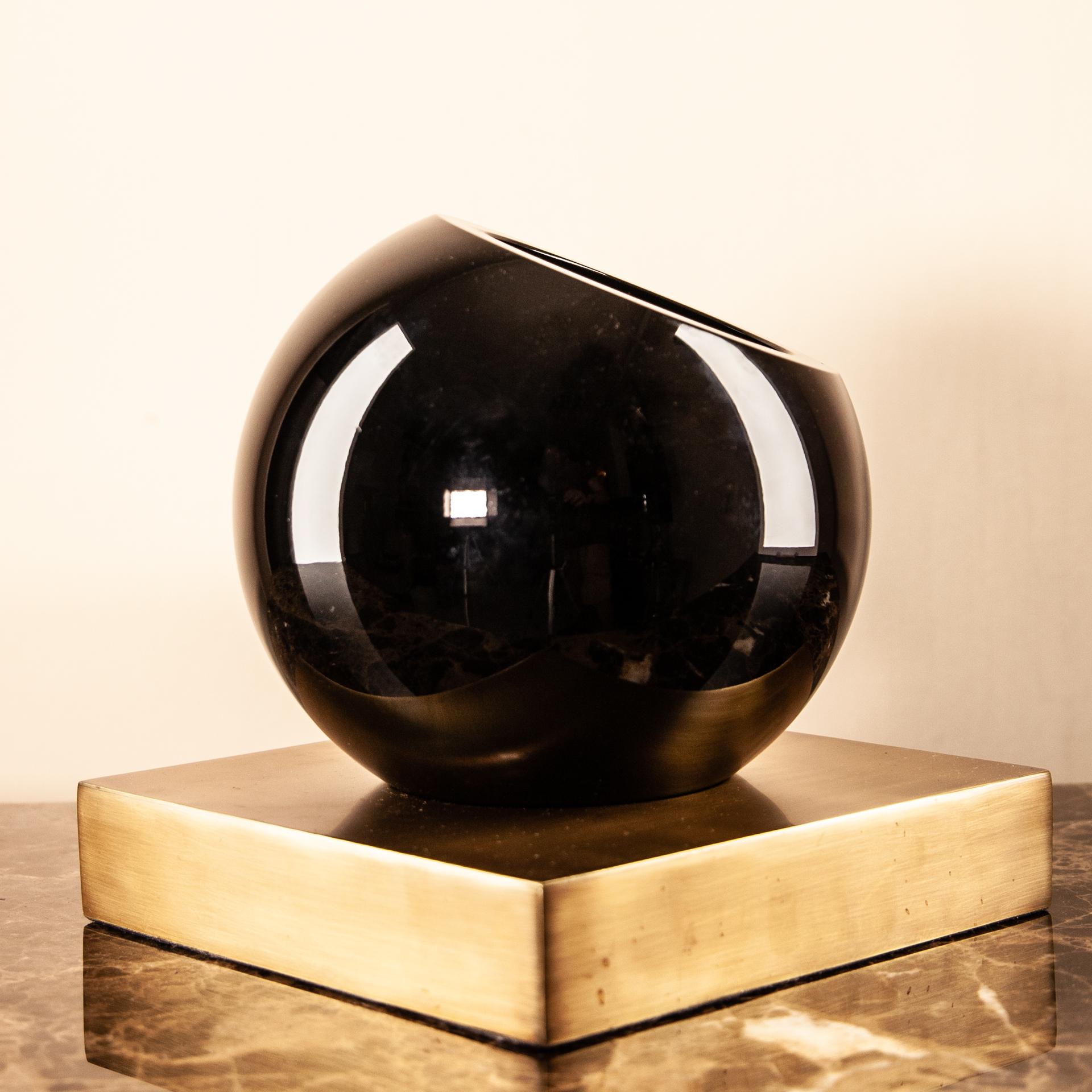 Globe Black Crystal Vase with Brass Stand For Sale 1
