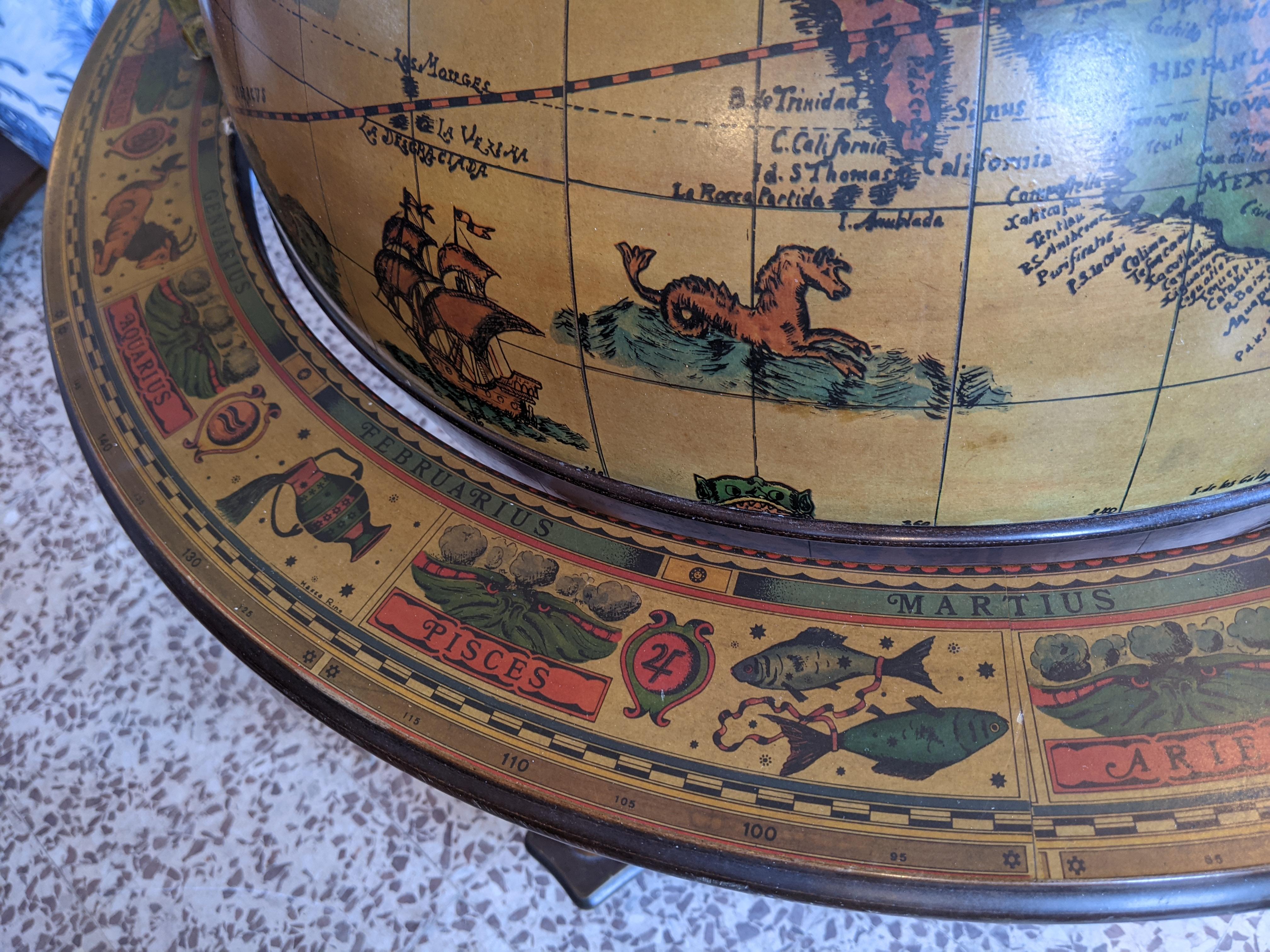 Iron Globe Cocktail Cabinet Dry Bar, with Zodiac Signs, Mid 1900 For Sale