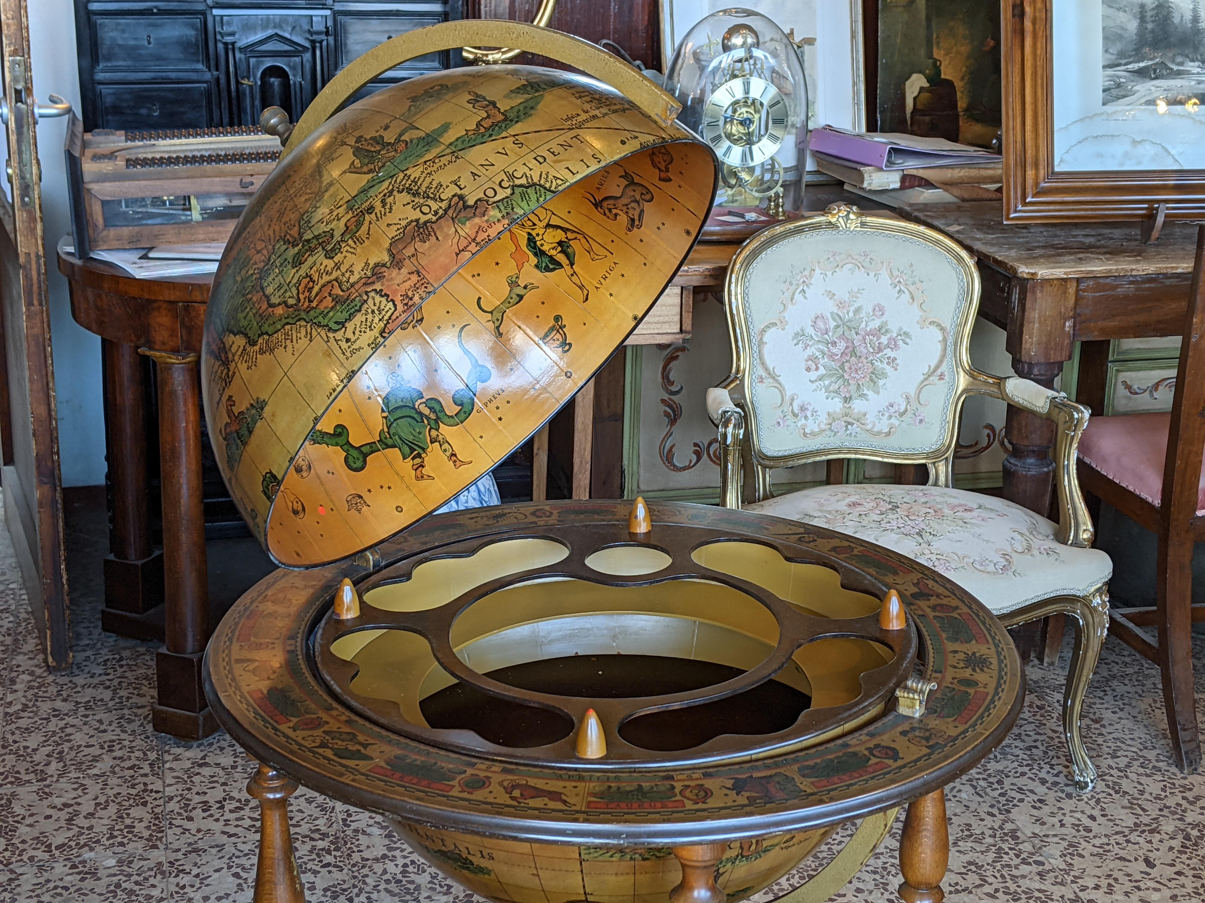 Italian Globe Cocktail Cabinet Dry Bar, with Zodiac Signs, Mid 1900 For Sale