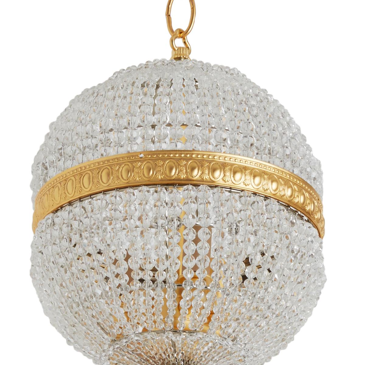 Neoclassical Revival Globe Crystal Beaded Chain Small Pendant Light with Gold Plate finish For Sale