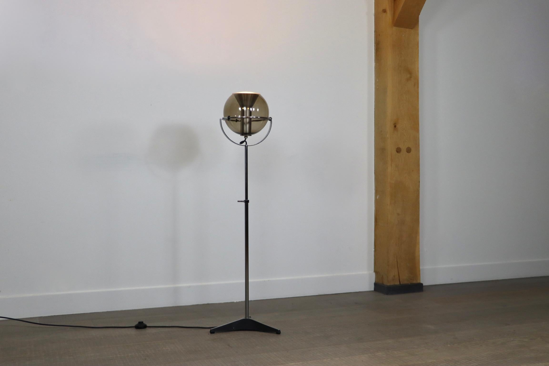 Smoked Glass Globe Floor Lamp by Frank Ligtelijn for RAAK Amsterdam, 1960s For Sale