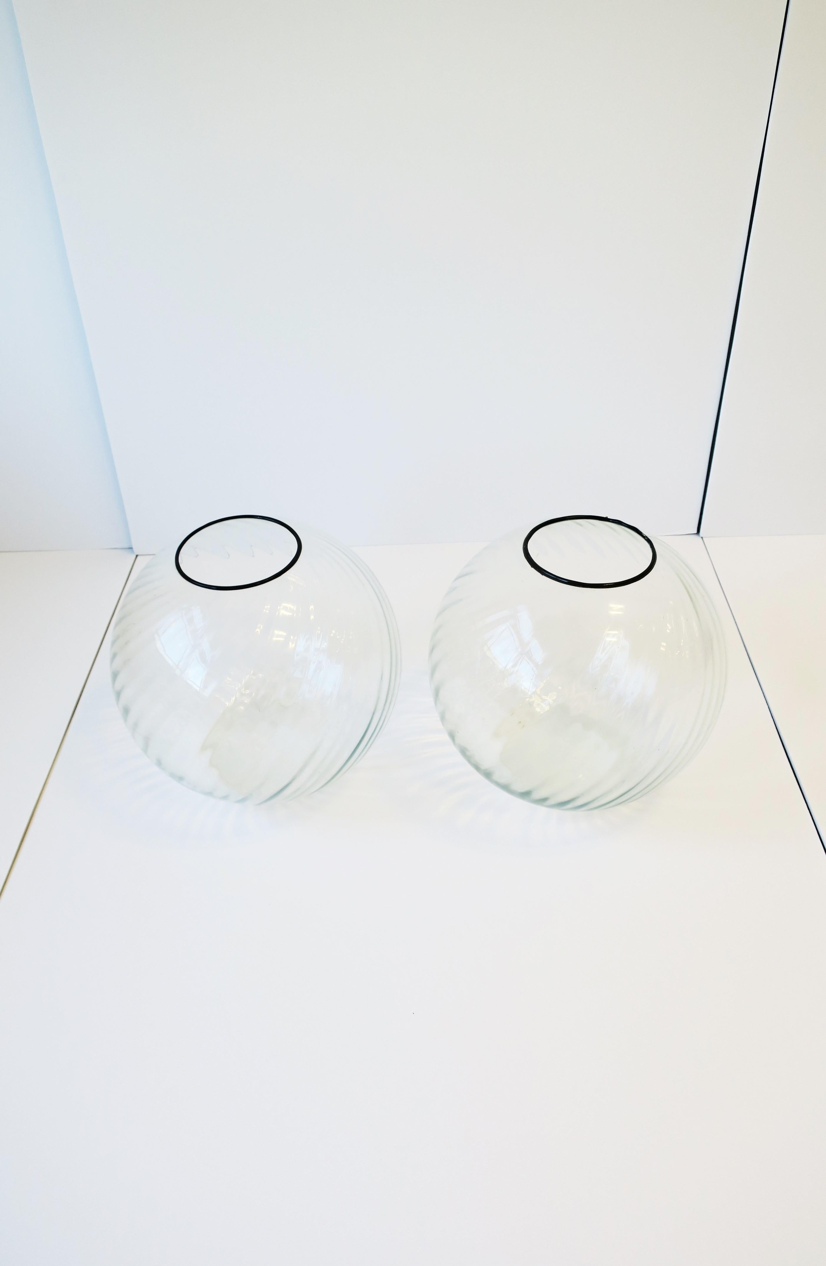 Modern Clear Sphere Globe Fluted Glass Vase, circa 1970s, Pair, Large For Sale