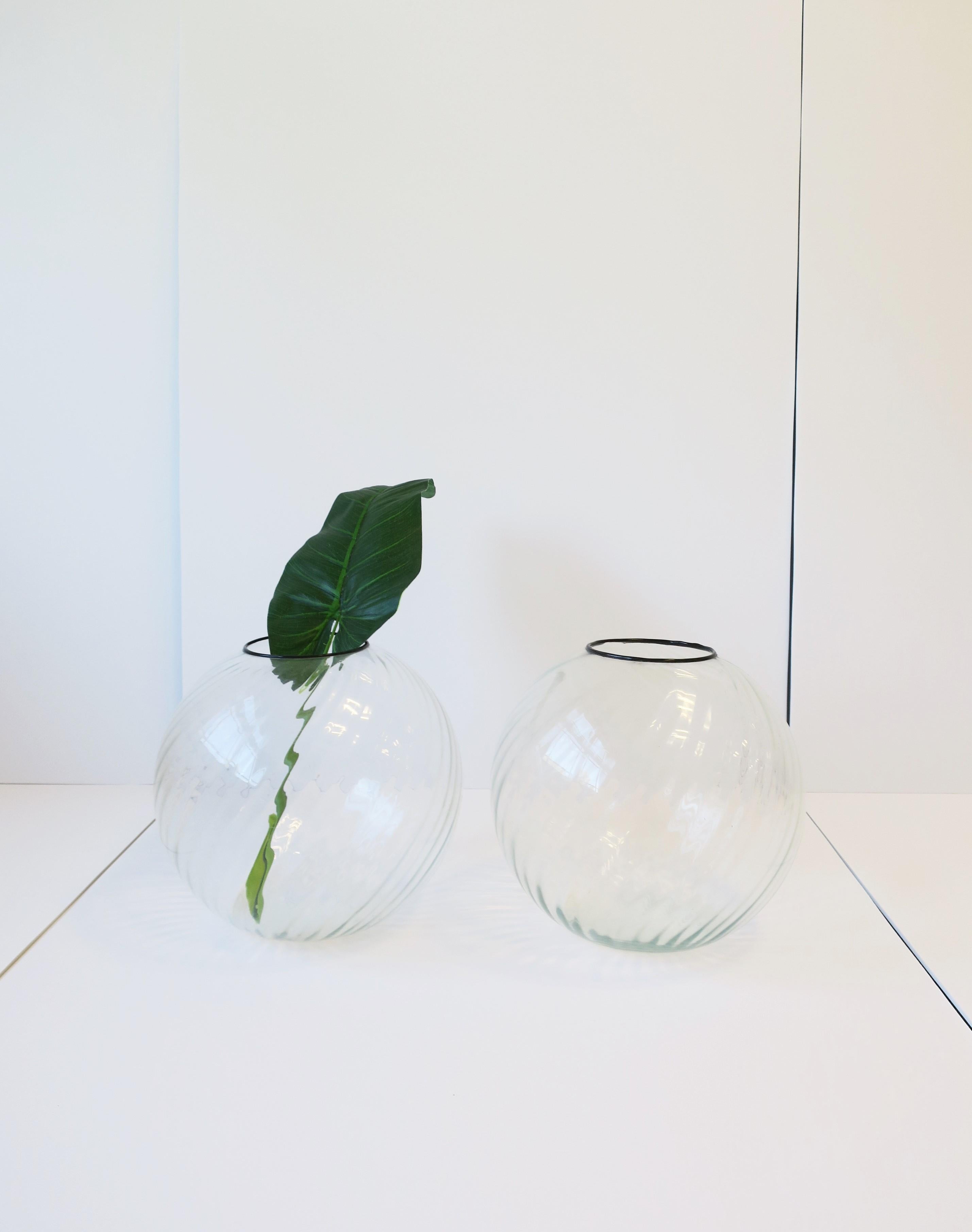 Clear Sphere Globe Fluted Glass Vase, circa 1970s, Pair, Large In Good Condition For Sale In New York, NY