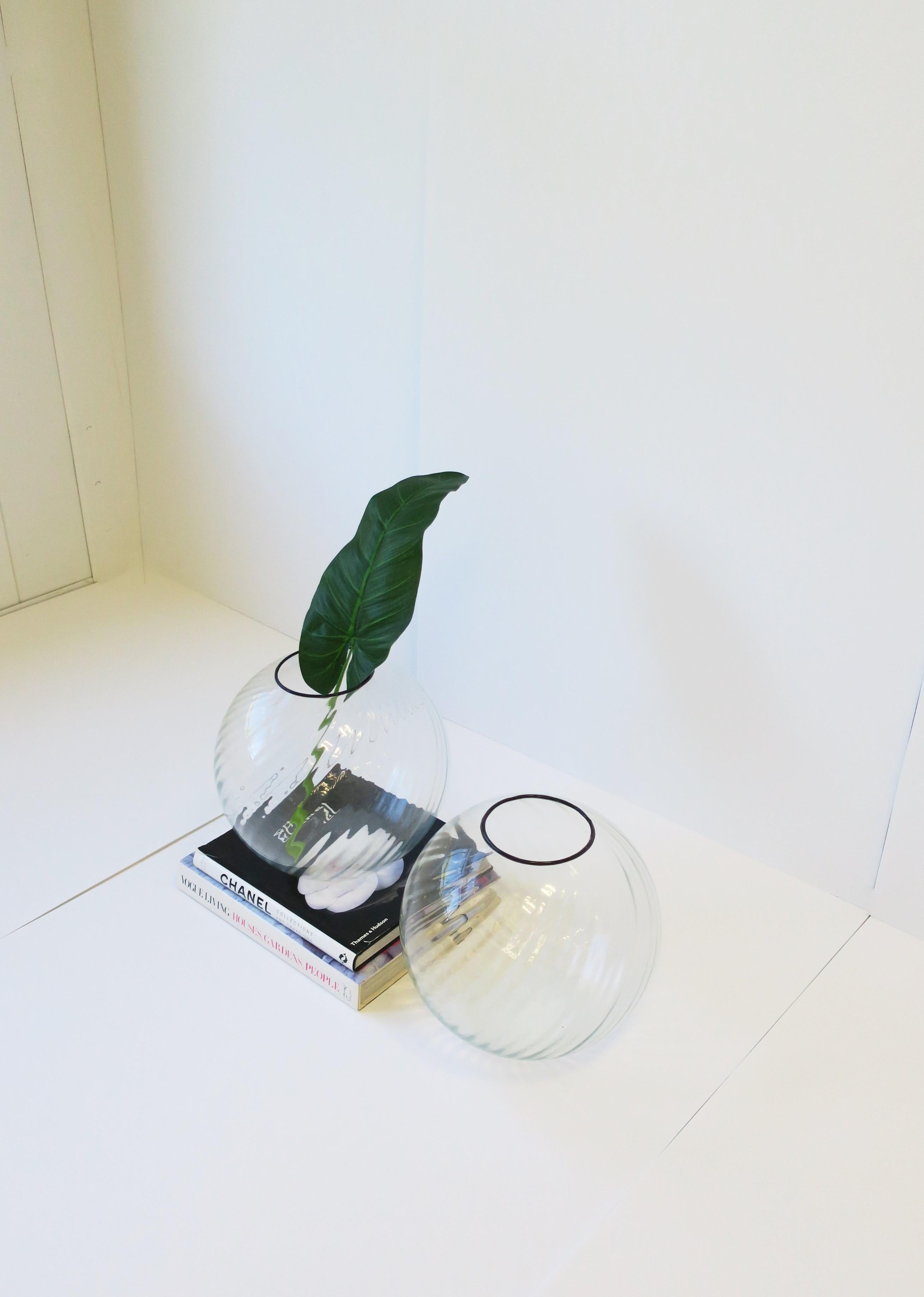 Late 20th Century Sphere Globe Fluted Glass Vase, circa 1970s, Pair, Large For Sale