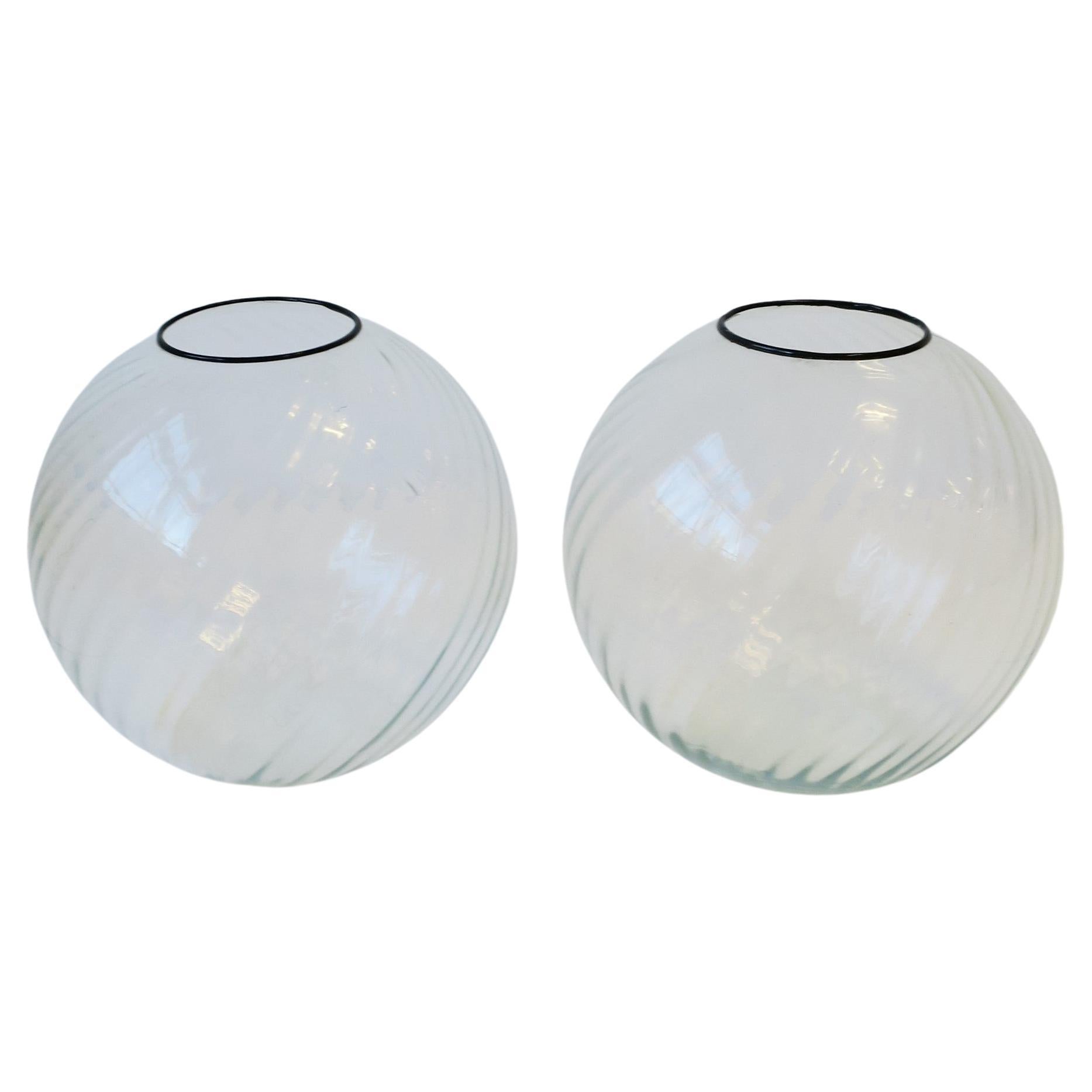 Clear Sphere Globe Fluted Glass Vase, circa 1970s, Pair, Large For Sale