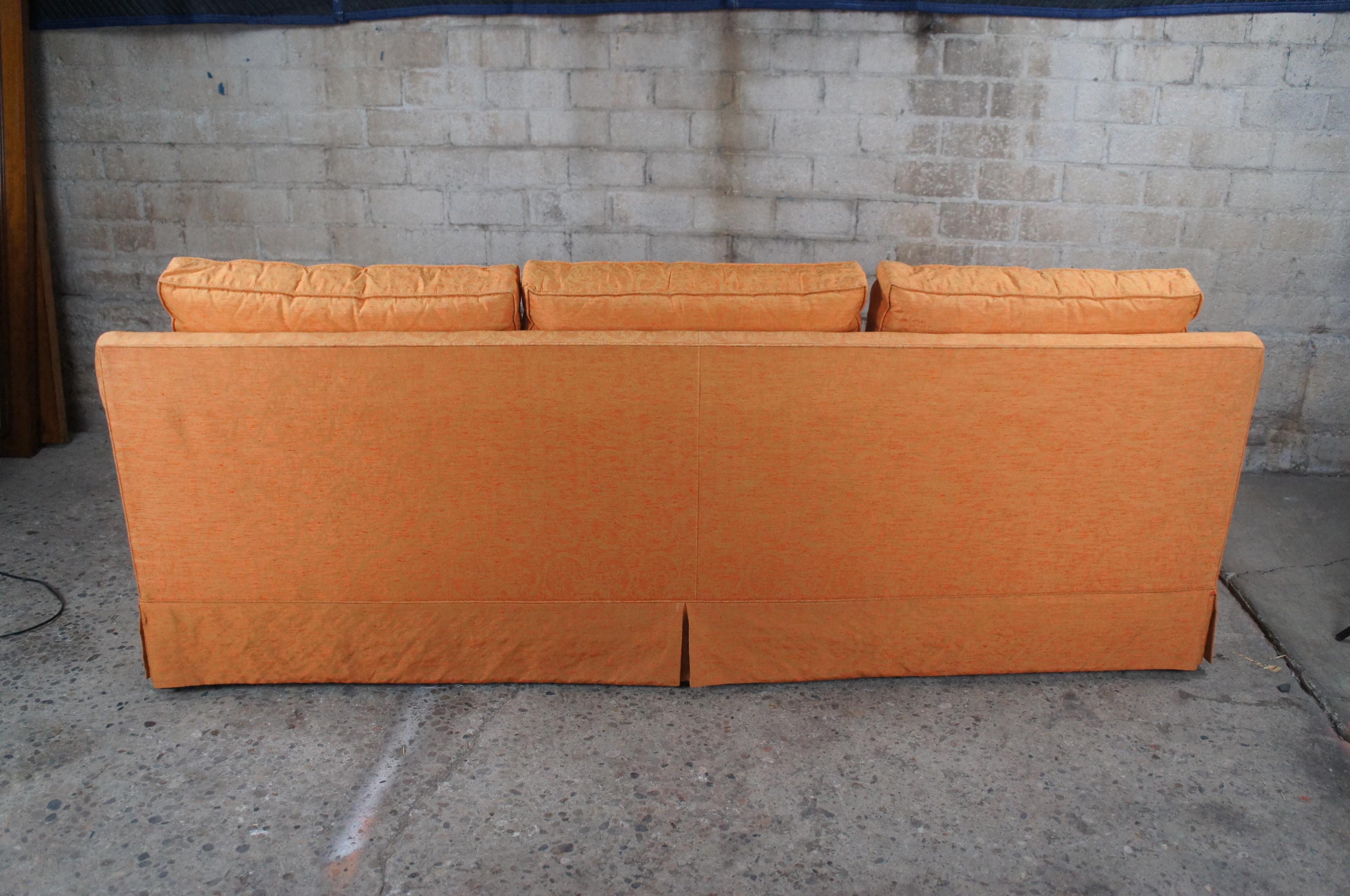 Globe Furniture Mid-Century Modern Orange Damask Mahogany Quilted 3 Seater Sofa For Sale 5