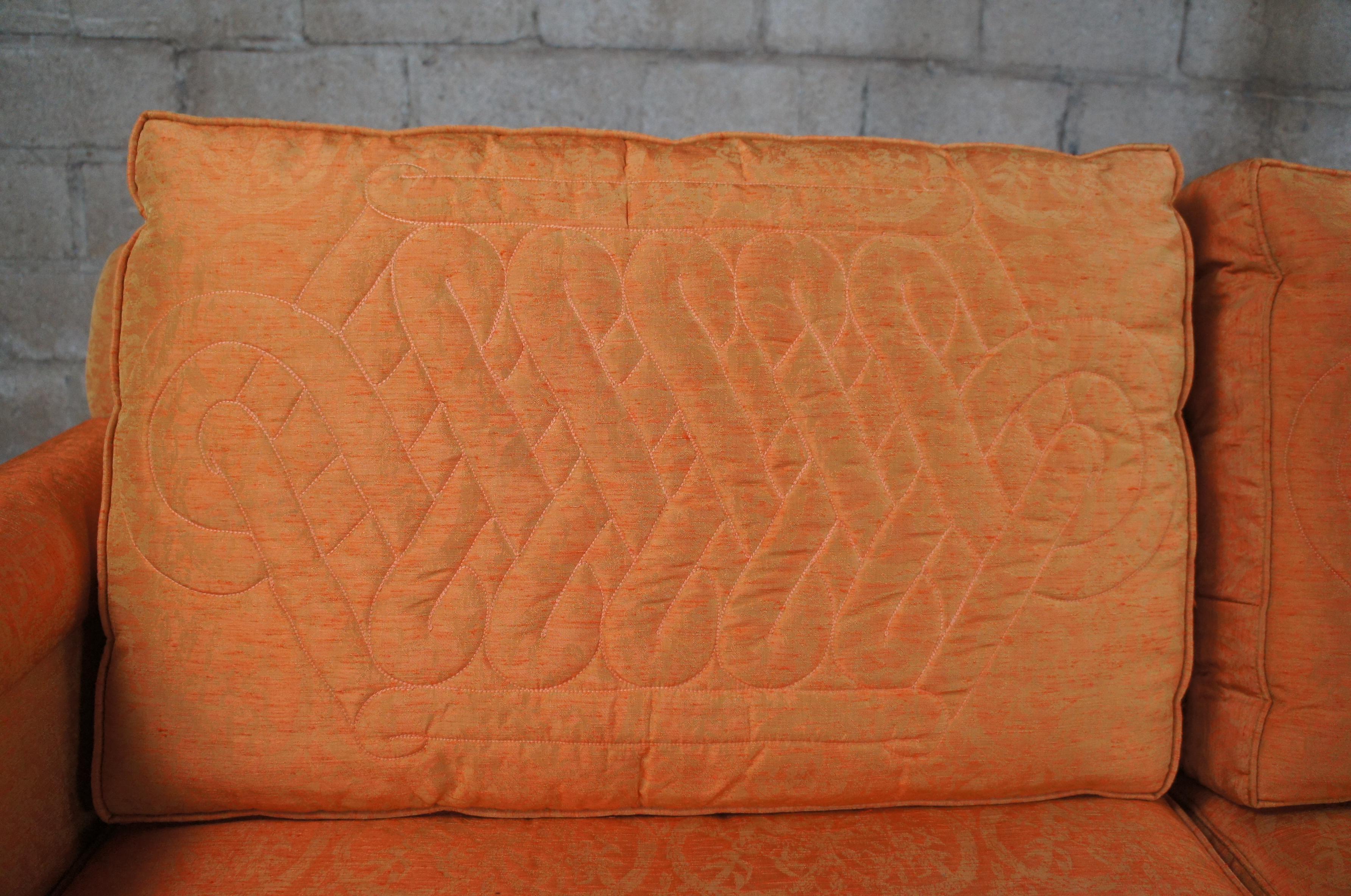 Mid-20th Century Globe Furniture Mid-Century Modern Orange Damask Mahogany Quilted 3 Seater Sofa For Sale