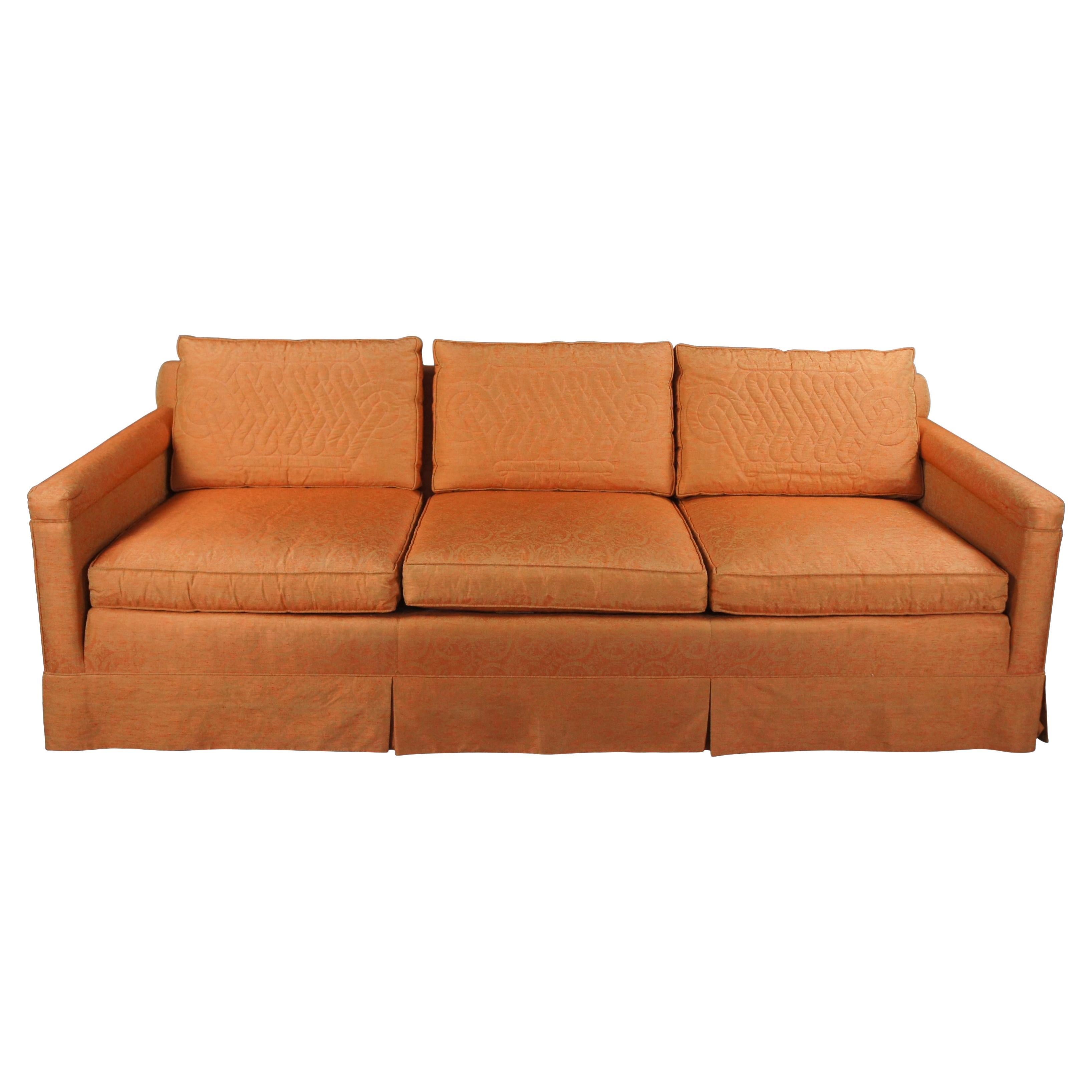 Globe Furniture Mid-Century Modern Orange Damask Mahogany Quilted 3 Seater Sofa For Sale