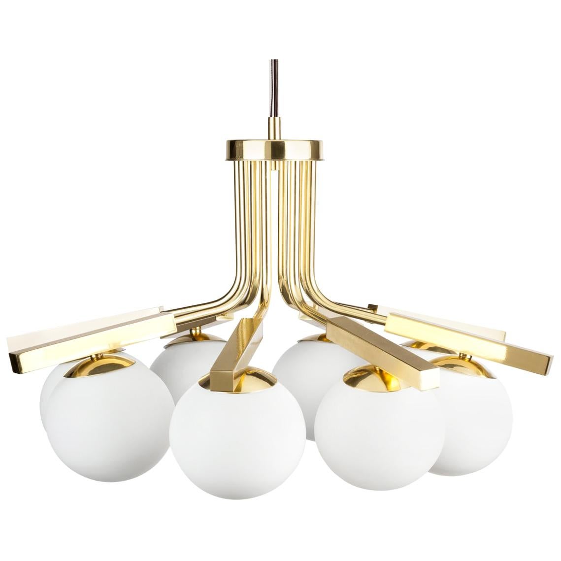 Art Deco inspired in Brass and Opal Glass Globe I Pendant Lamp