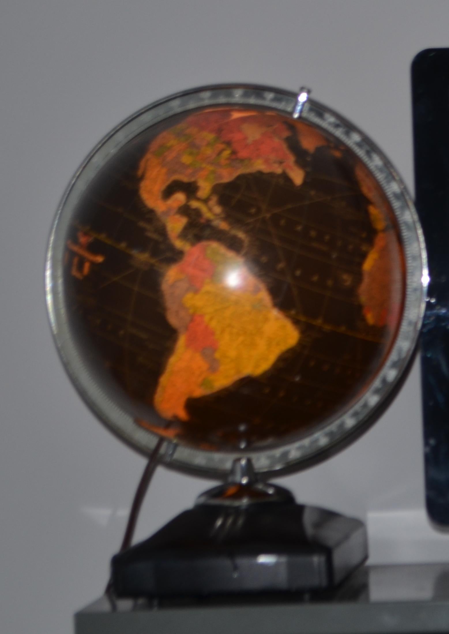Globe Light-Up Art Deco Era in Rare Black Field of Color with Book Slot Base 8
