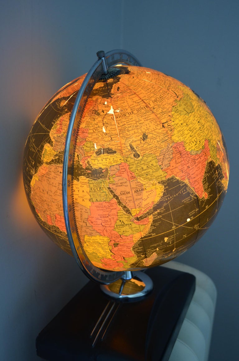 Globe LightUp Art Deco Era in Rare Black Field of Color with Book Slot Base at 1stDibs