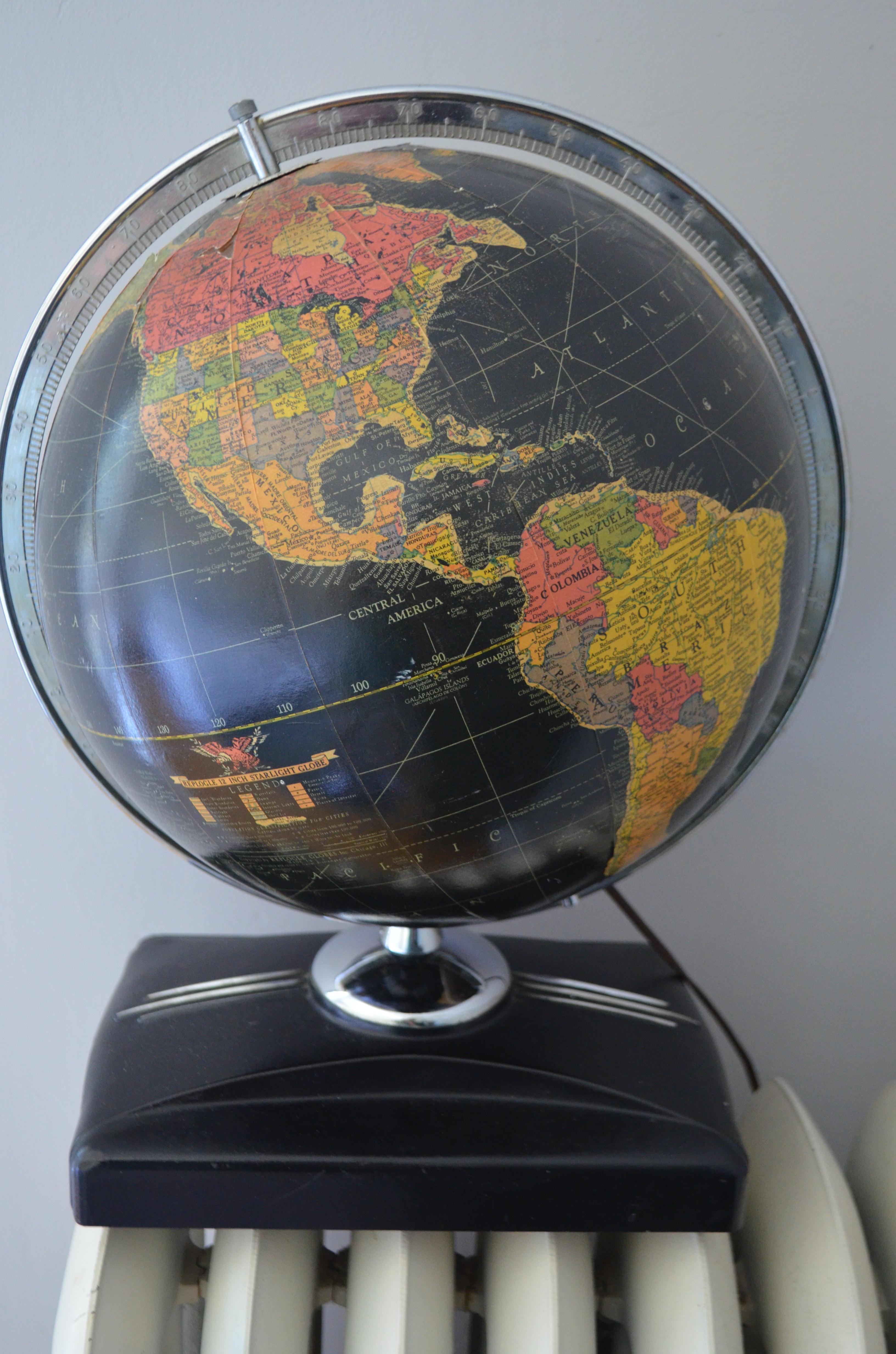 20th Century Globe Light-Up Art Deco Era in Rare Black Field of Color with Book Slot Base