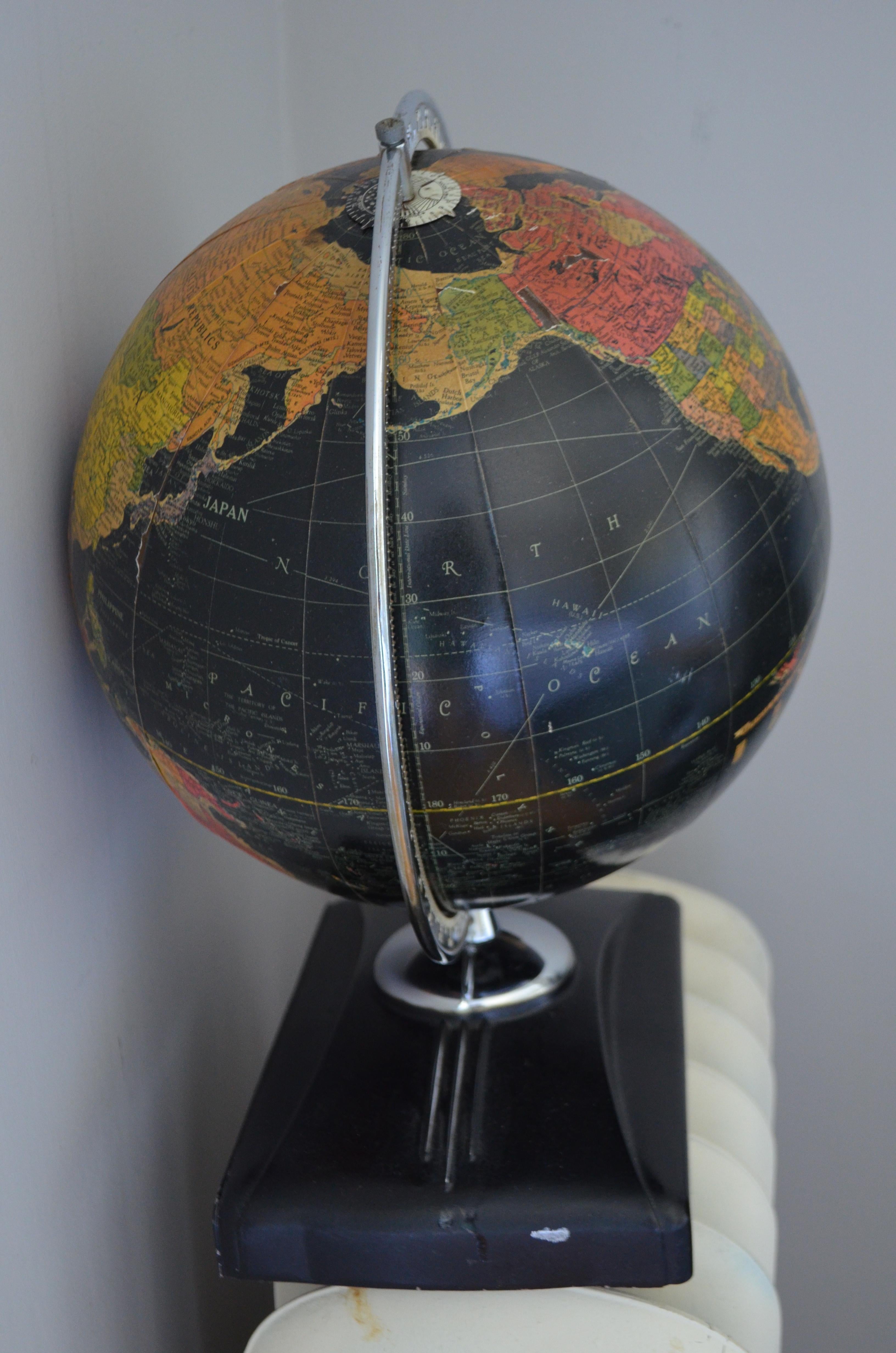 Aluminum Globe Light-Up Art Deco Era in Rare Black Field of Color with Book Slot Base