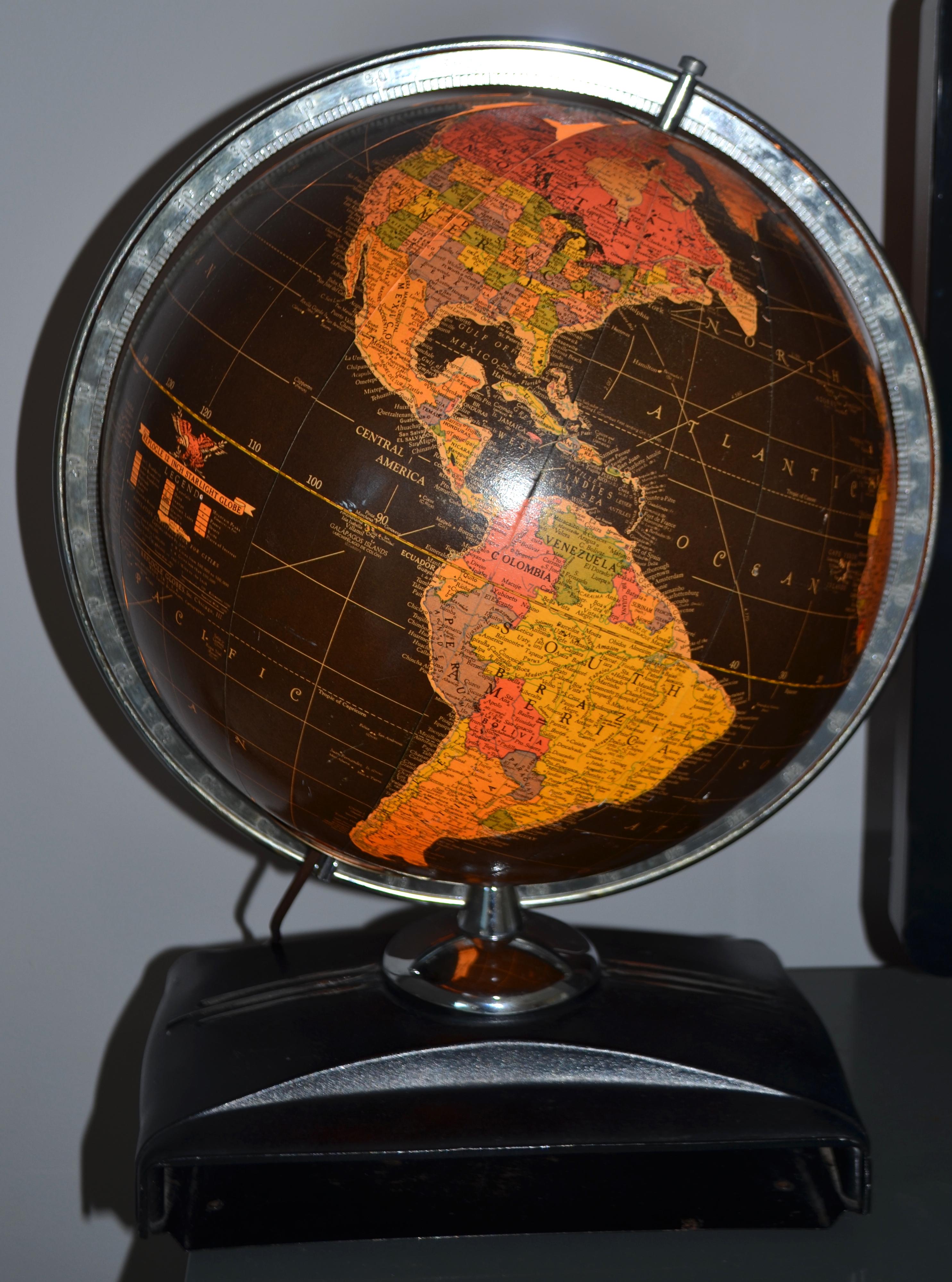 Globe Light-Up Art Deco Era in Rare Black Field of Color with Book Slot Base 2