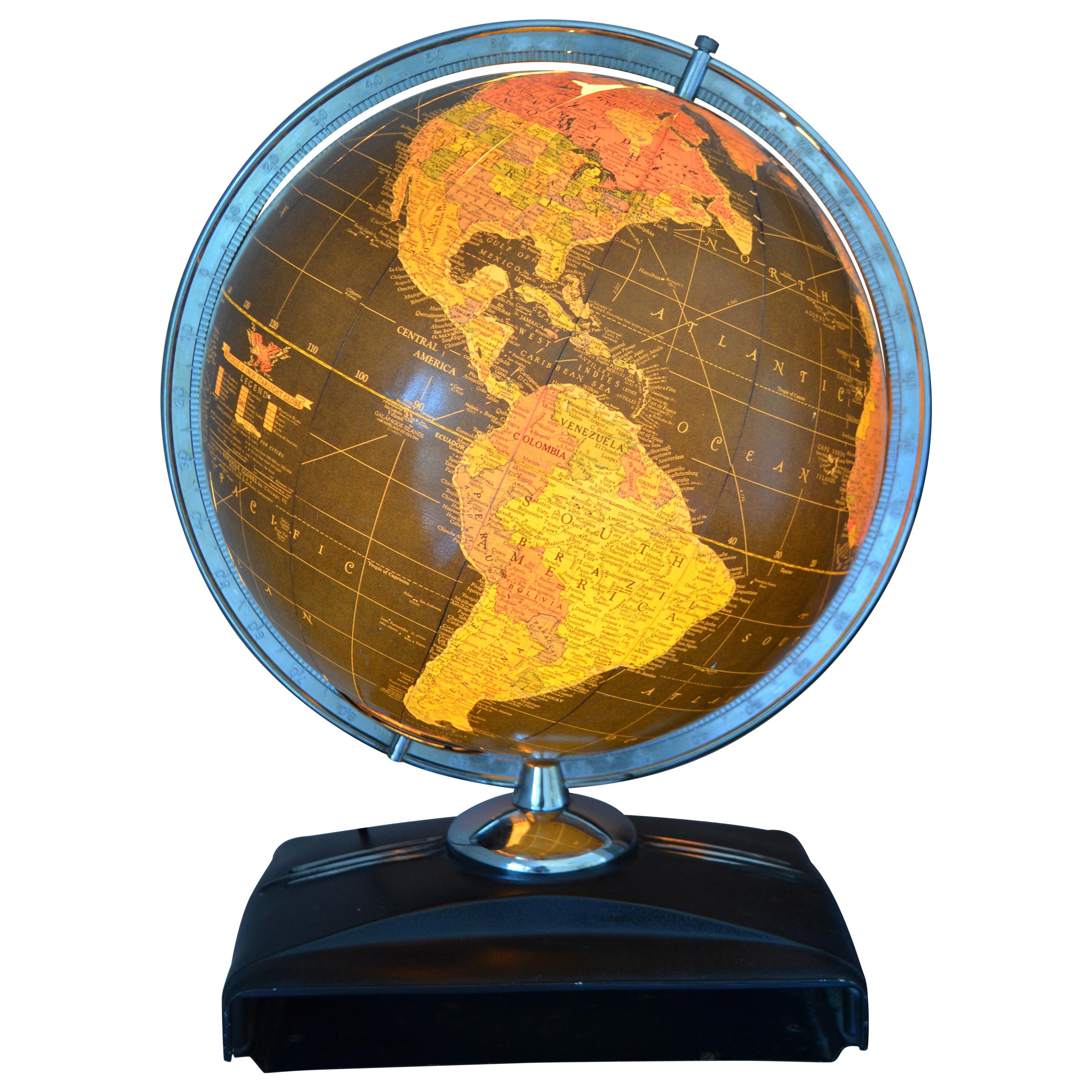 Globe Light-Up Art Deco Era in Rare Black Field of Color with Book Slot Base