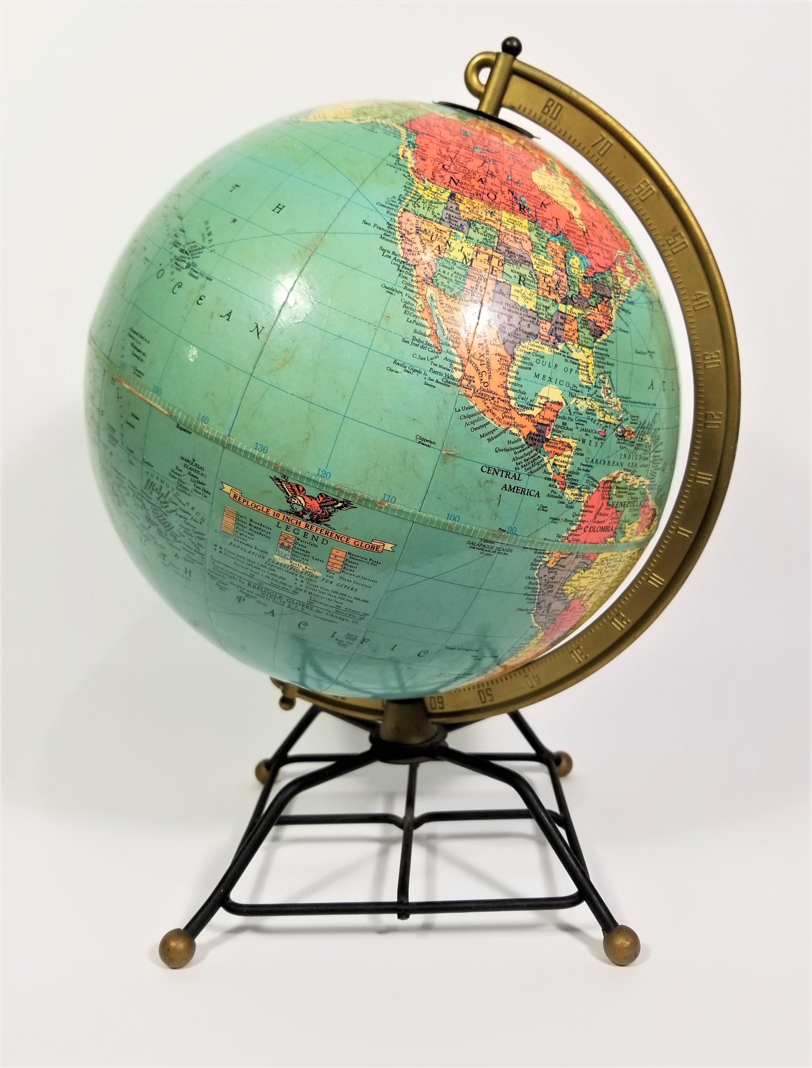 1950s mid century Reference Globe by Replogle Rare 10 inch size. Actual Globe is 10 inch not including stand. Slightly smaller than average globes makes it ideal for desk top or shelves.